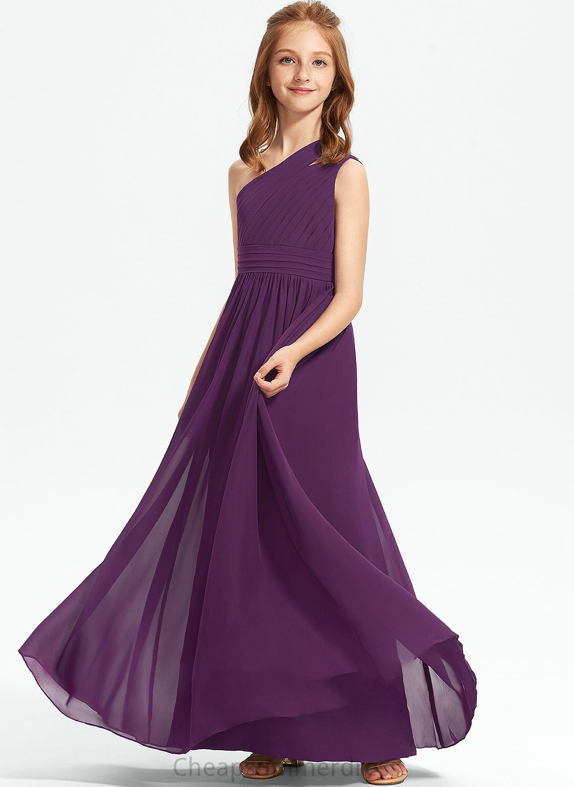 One-Shoulder A-Line Abbie With Floor-Length Ruffle Junior Bridesmaid Dresses Chiffon