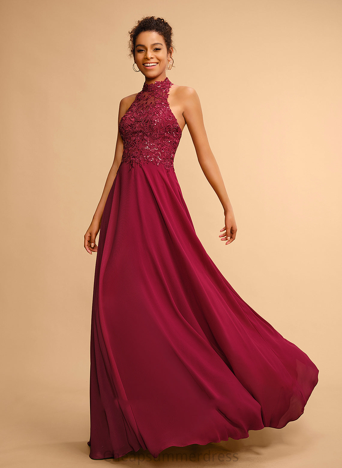 Floor-Length Halter Sequins Prom Dresses A-Line Lace With Chiffon Lilly