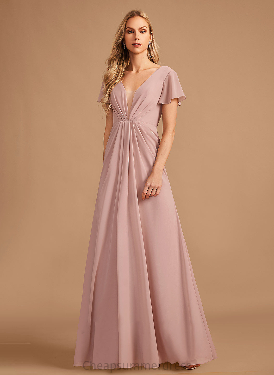 Ruffle Fabric A-Line Floor-Length V-neck Embellishment Silhouette Neckline Length Alannah Sleeveless Floor Length