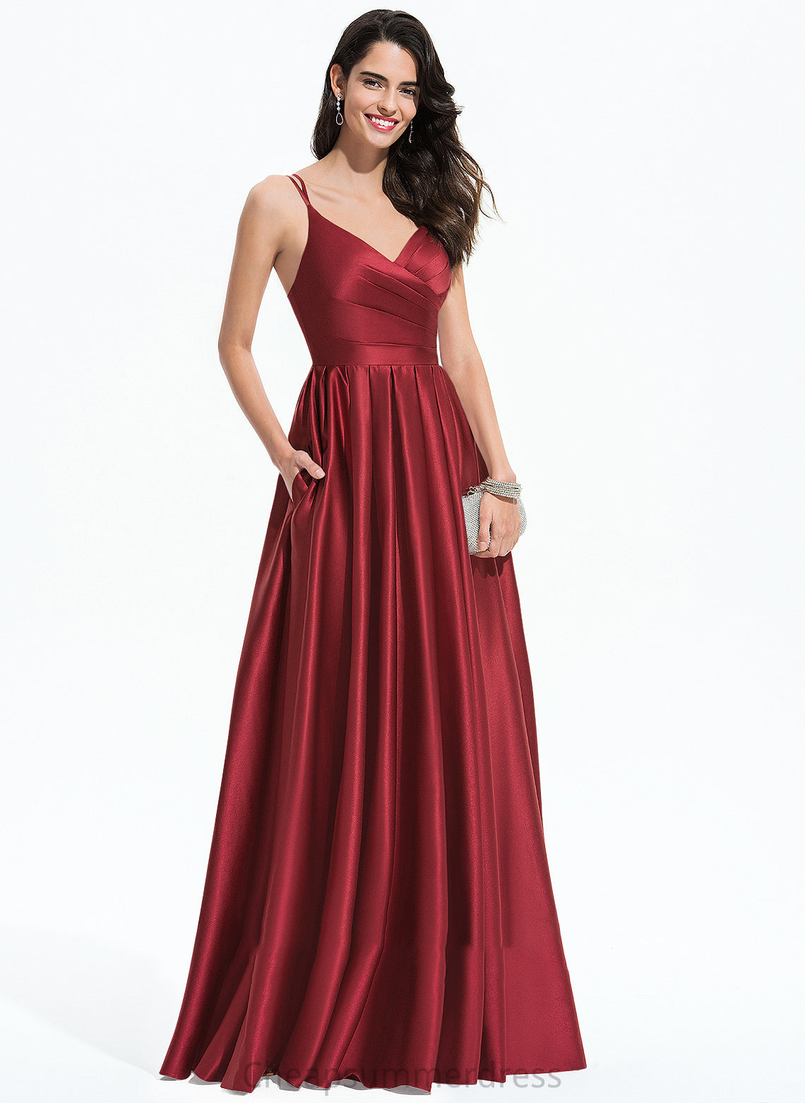 Floor-Length Satin Ruffle Pockets A-Line With V-neck Danna Prom Dresses