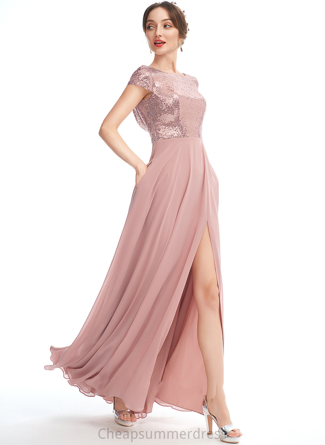 A-Line Sequins Embellishment SplitFront Fabric Floor-Length ScoopNeck Neckline Silhouette Length Daniella Sleeveless