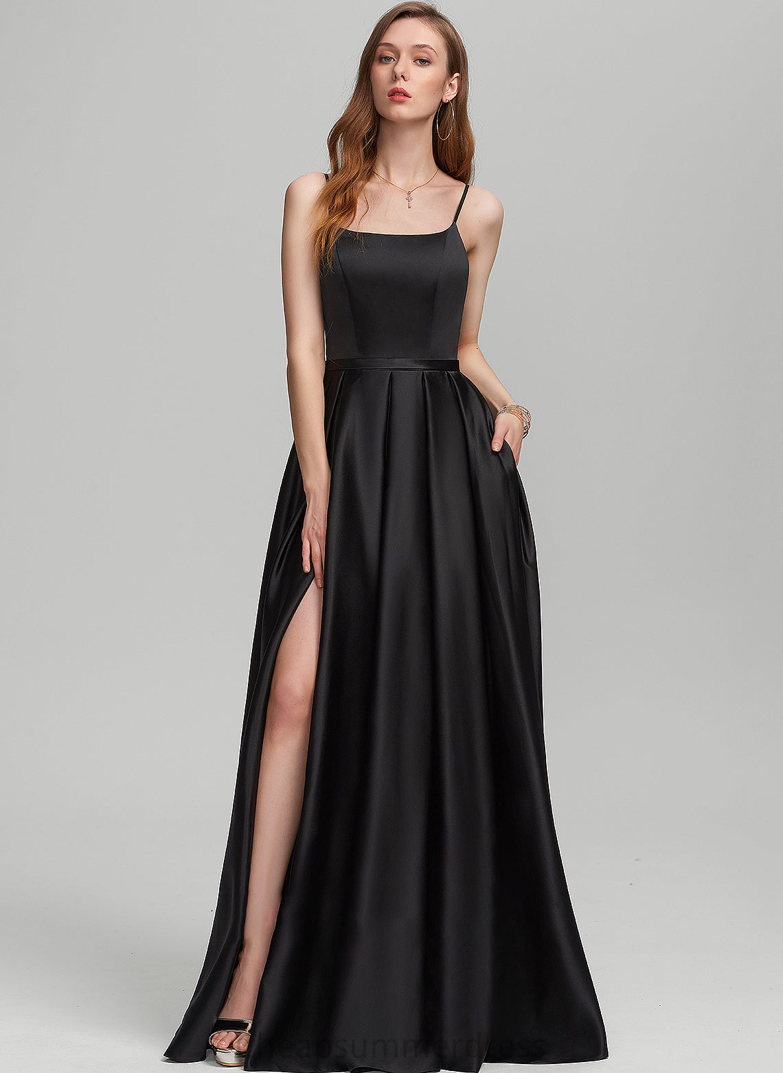 Neckline Fabric Floor-Length Length Embellishment SplitFront Pockets A-Line Silhouette SquareNeckline Iris Natural Waist