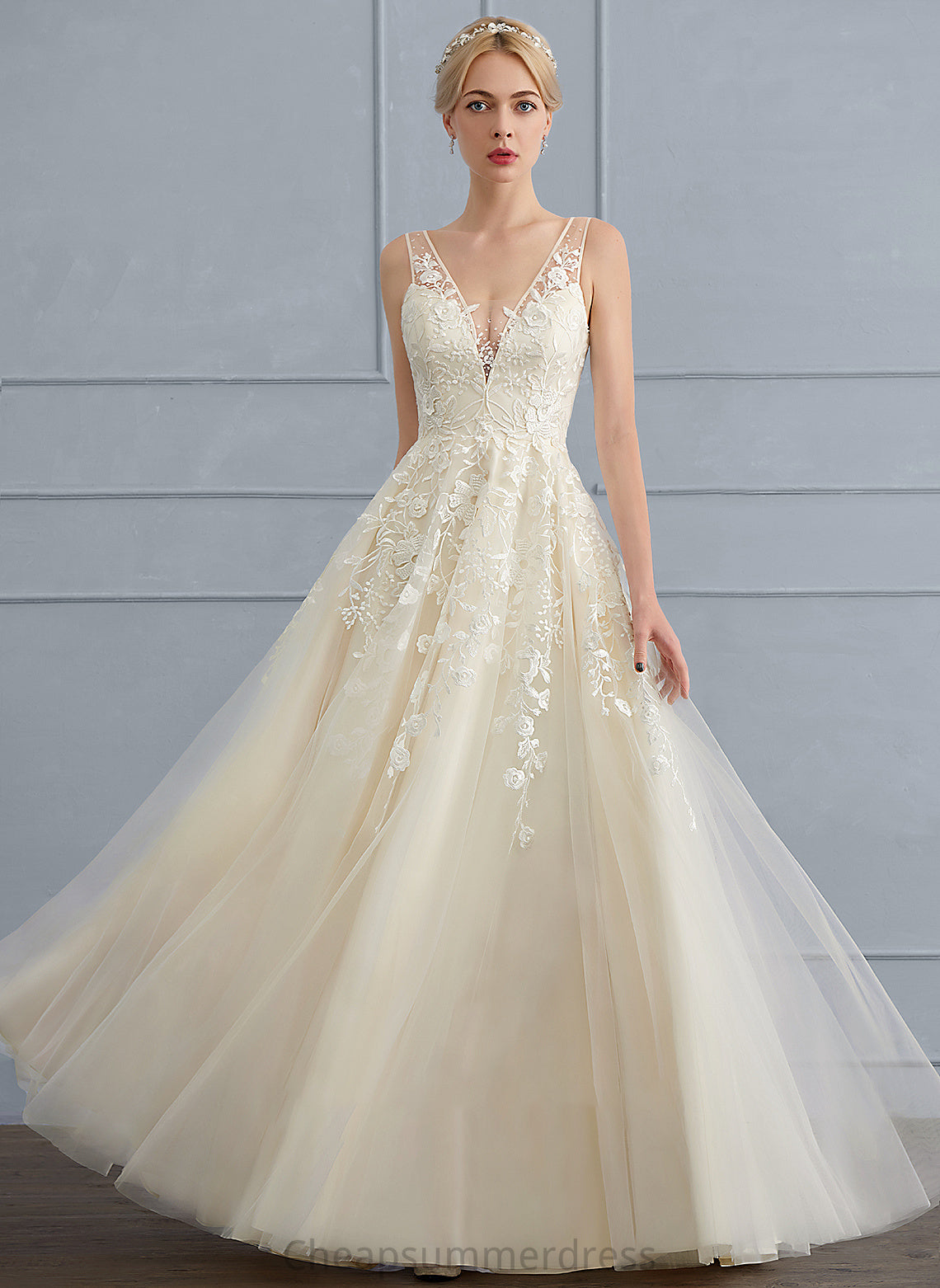 Wedding V-neck Beading A-Line Wedding Dresses Sequins Dress Floor-Length With Sylvia Tulle