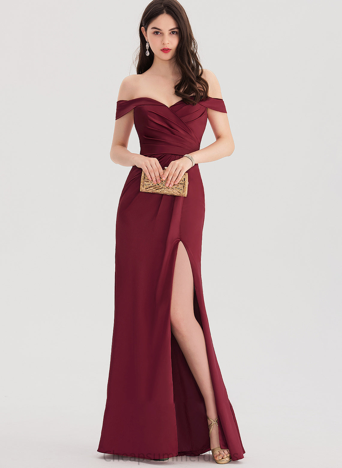 Sheath/Column Ruffle Satin With Floor-Length Kenya Split Prom Dresses Front Off-the-Shoulder