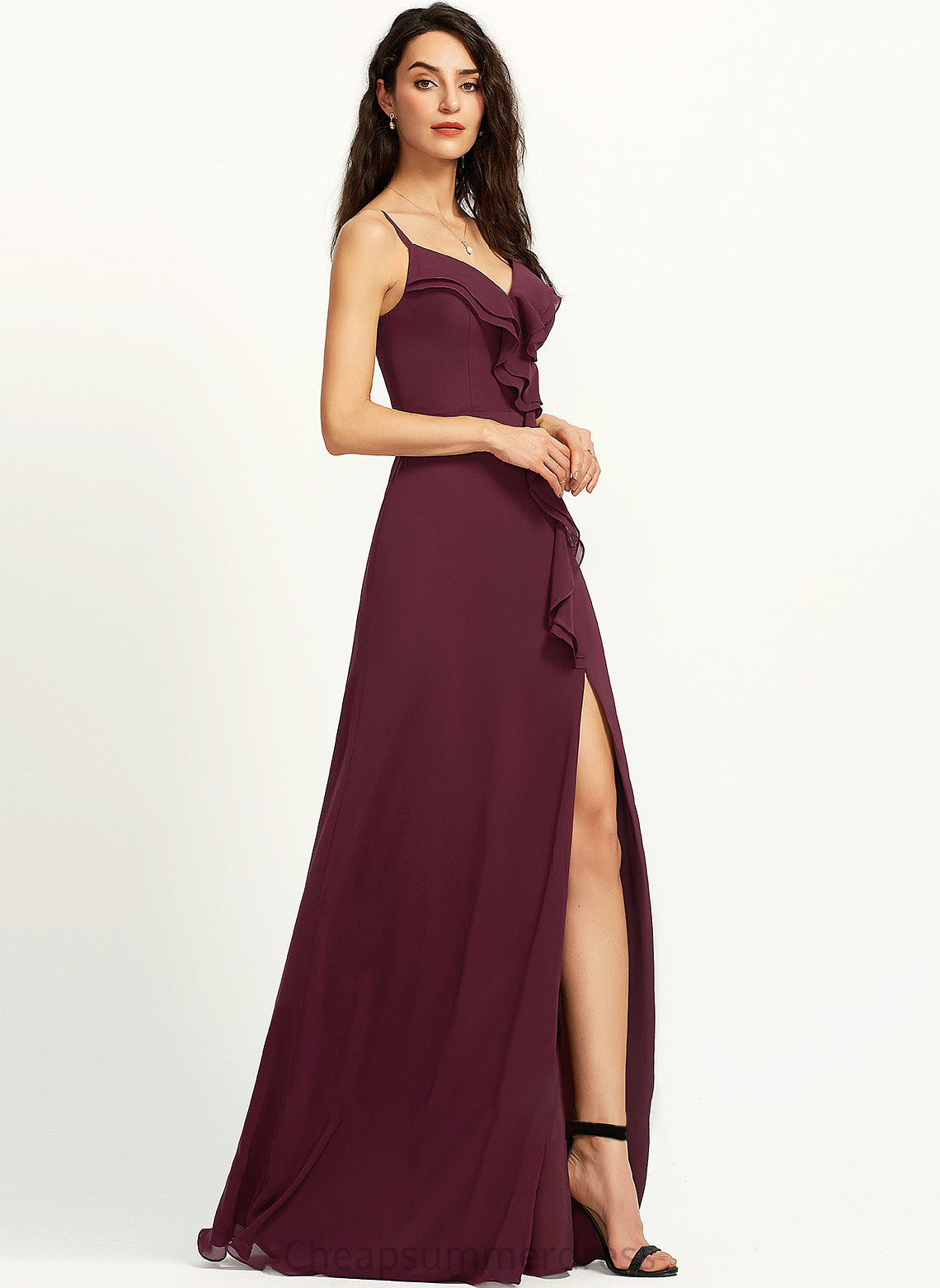 Ruffle Floor-Length Split Prom Dresses Sheath/Column V-neck With Camilla Front