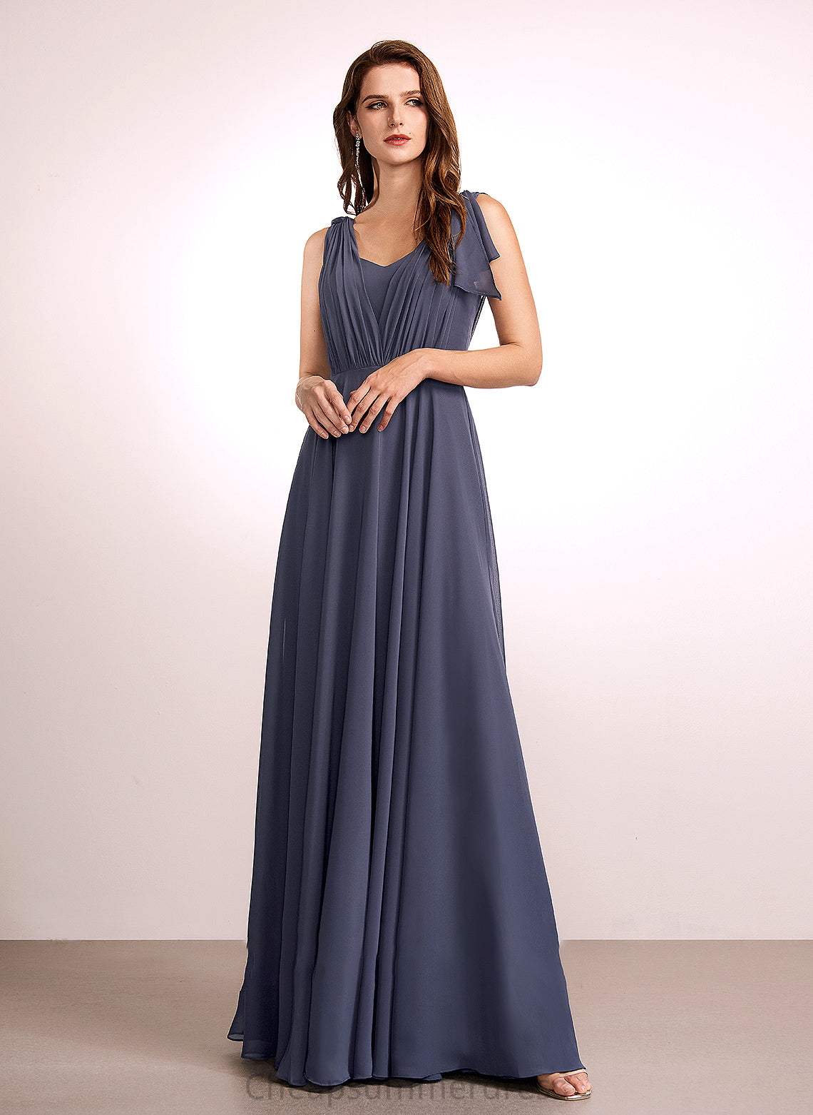 A-Line V-neck Ruffle Length Floor-Length Neckline Fabric Embellishment Silhouette Maribel A-Line/Princess Floor Length