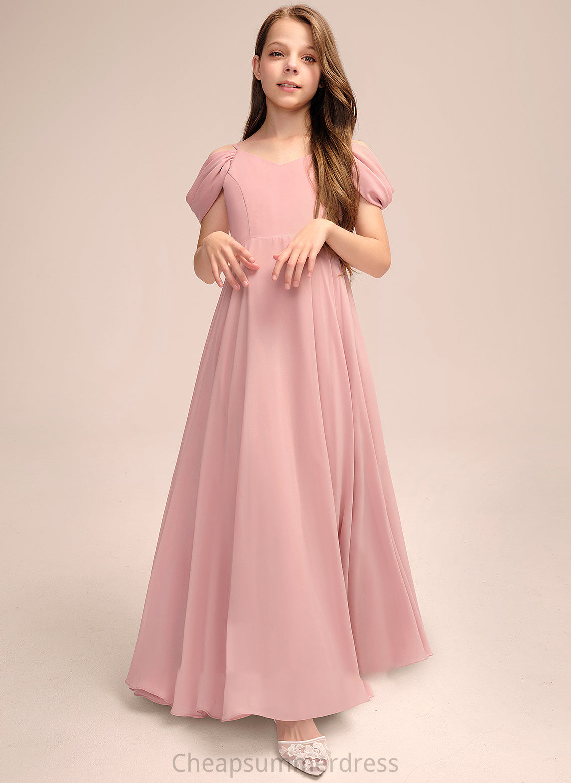 V-neck Ruffle Junior Bridesmaid Dresses Carla With Floor-Length A-Line Chiffon