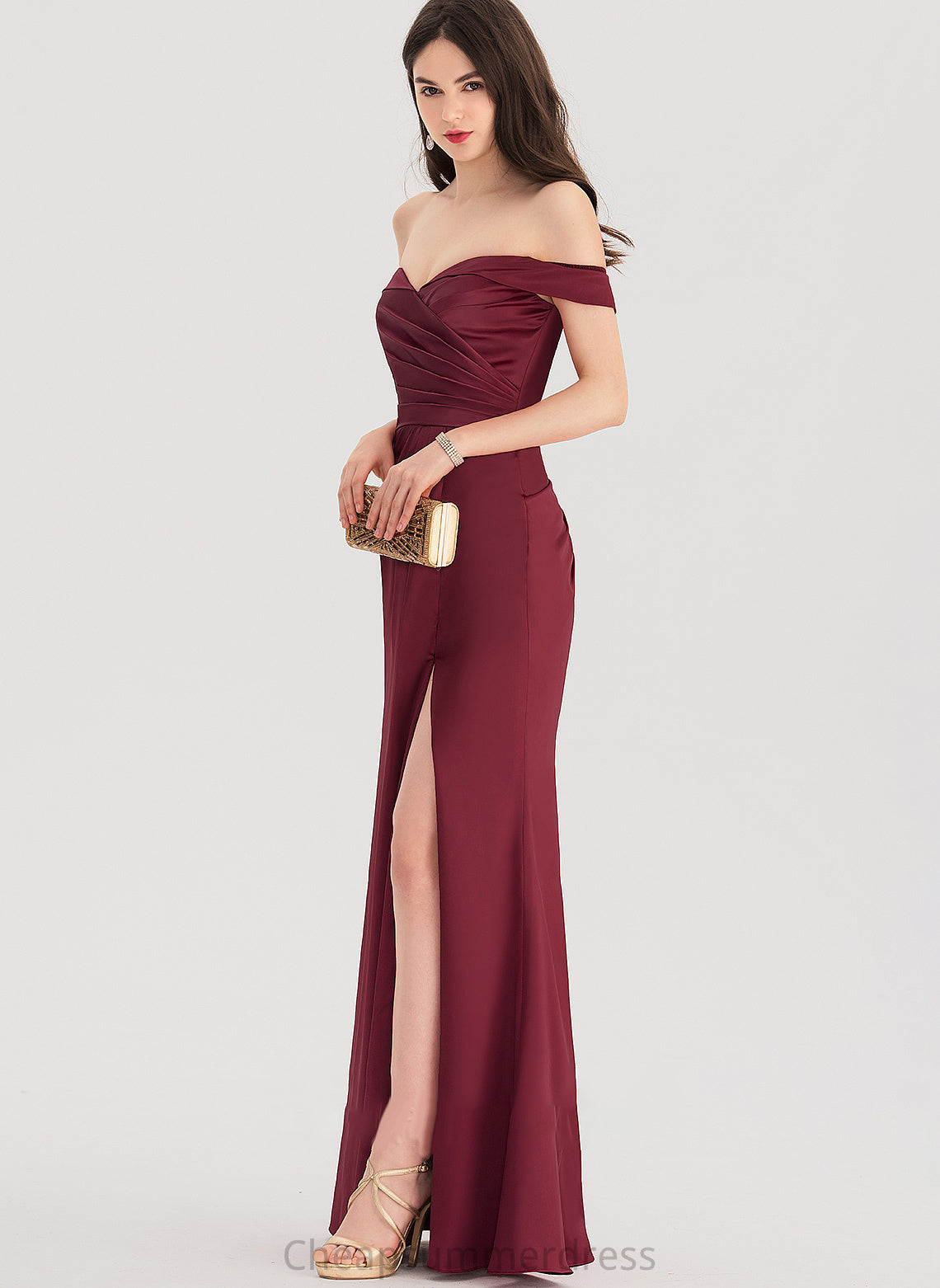 Sheath/Column Ruffle Satin With Floor-Length Kenya Split Prom Dresses Front Off-the-Shoulder