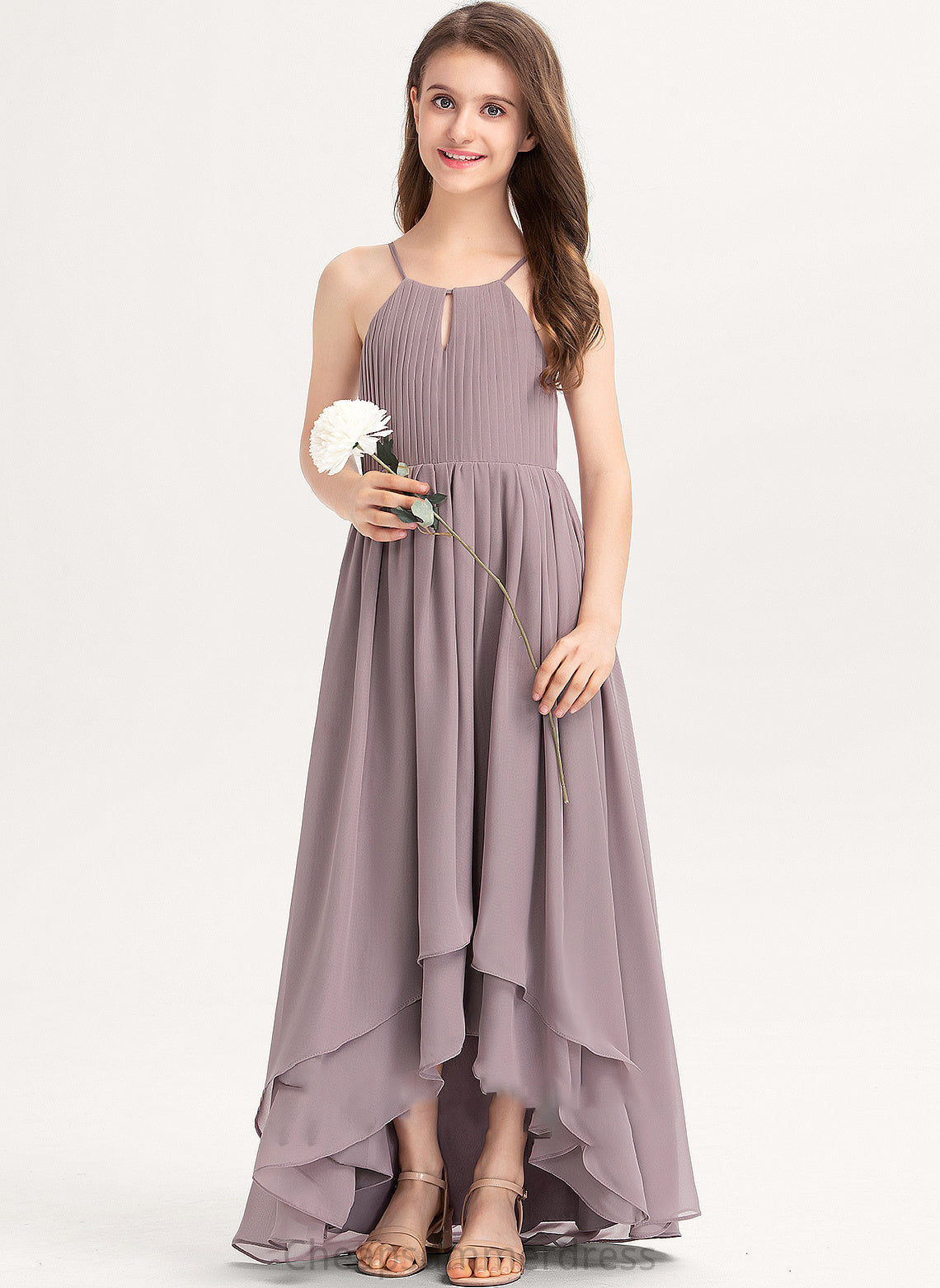 Chiffon Asymmetrical A-Line Junior Bridesmaid Dresses Elliana With Neck Scoop Ruffle Bow(s)