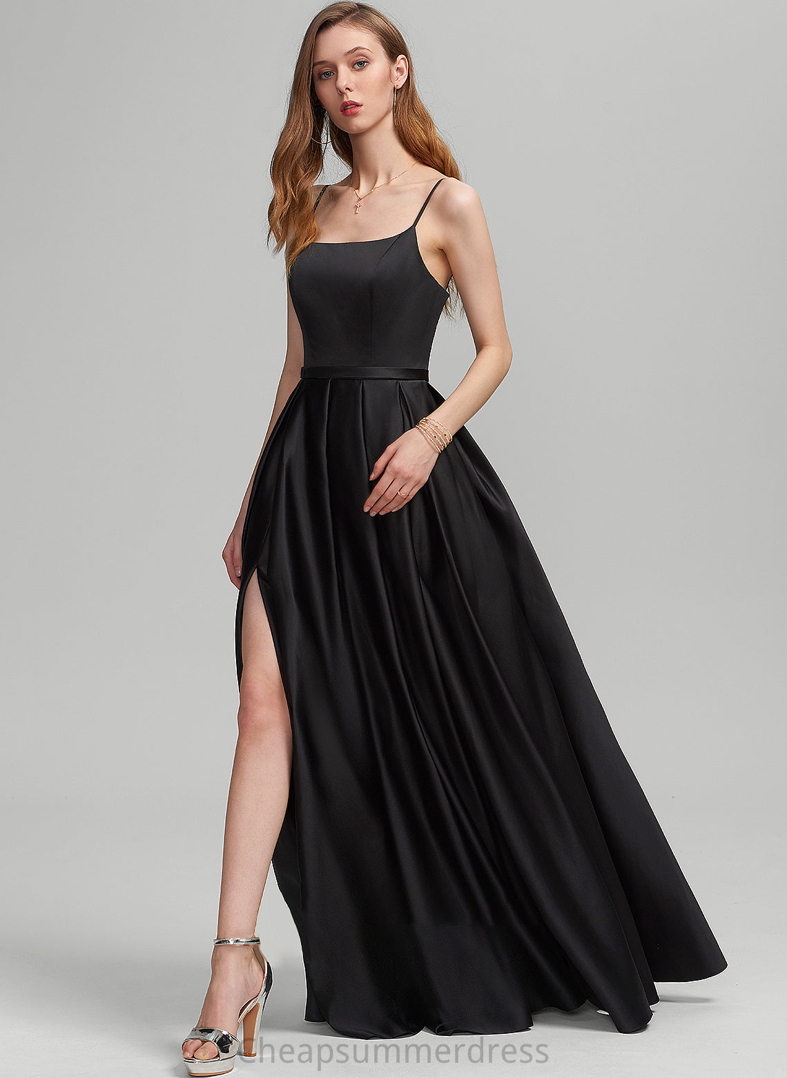 Neckline Fabric Floor-Length Length Embellishment SplitFront Pockets A-Line Silhouette SquareNeckline Iris Natural Waist