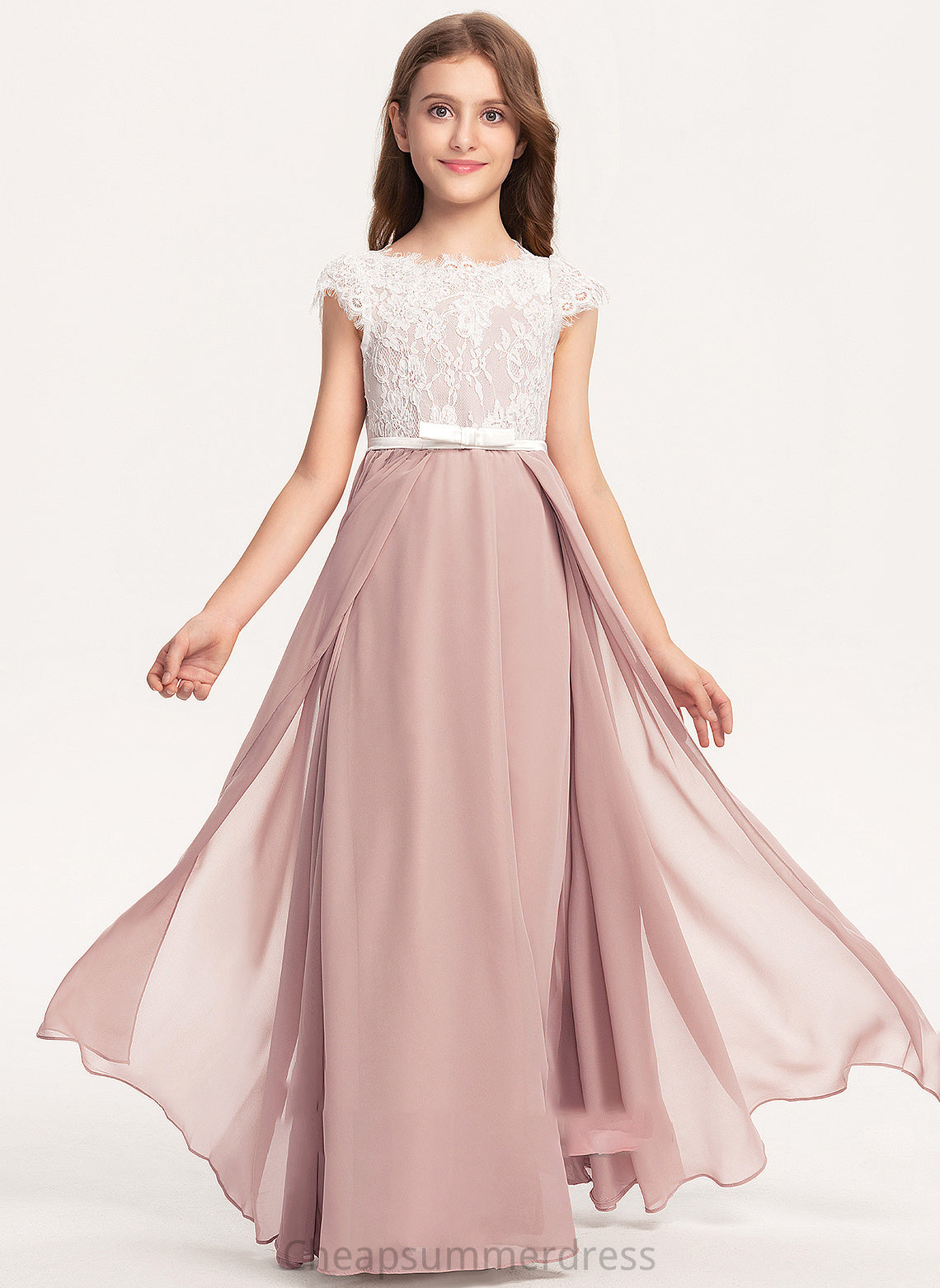 Kinley With Scoop A-Line Neck Lace Bow(s) Floor-Length Junior Bridesmaid Dresses Chiffon