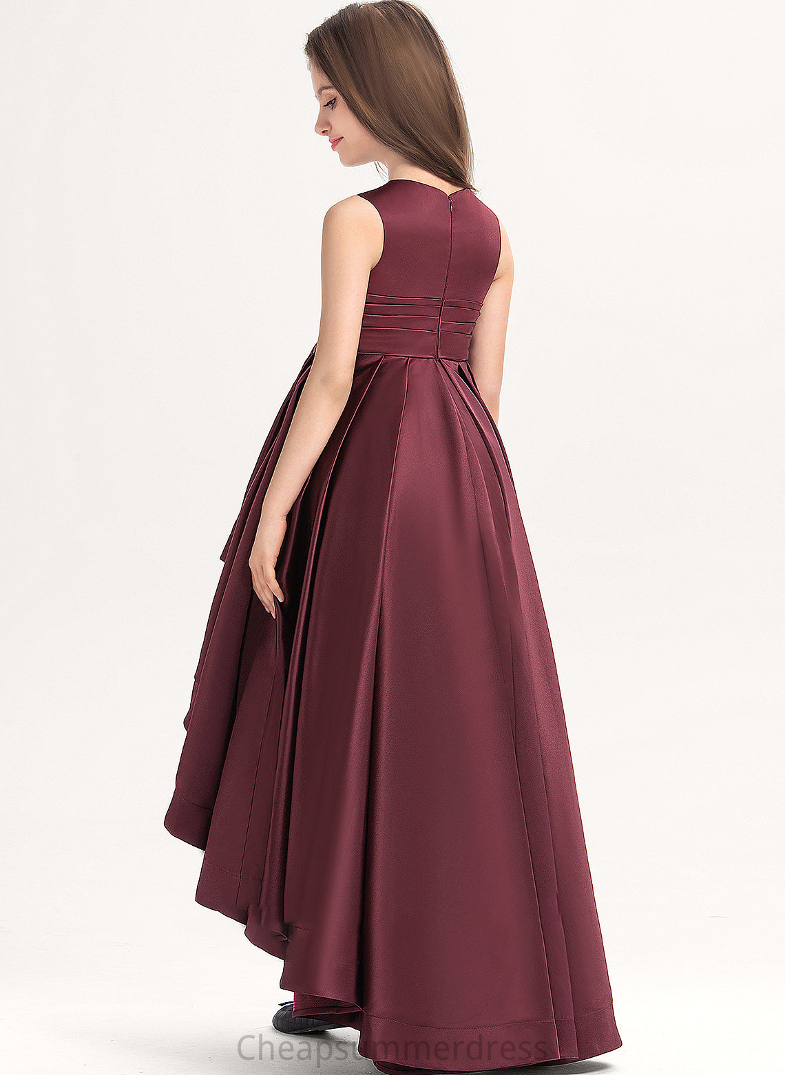 With Scoop Junior Bridesmaid Dresses Ruffle Satin Asymmetrical Neck A-Line Elizabeth