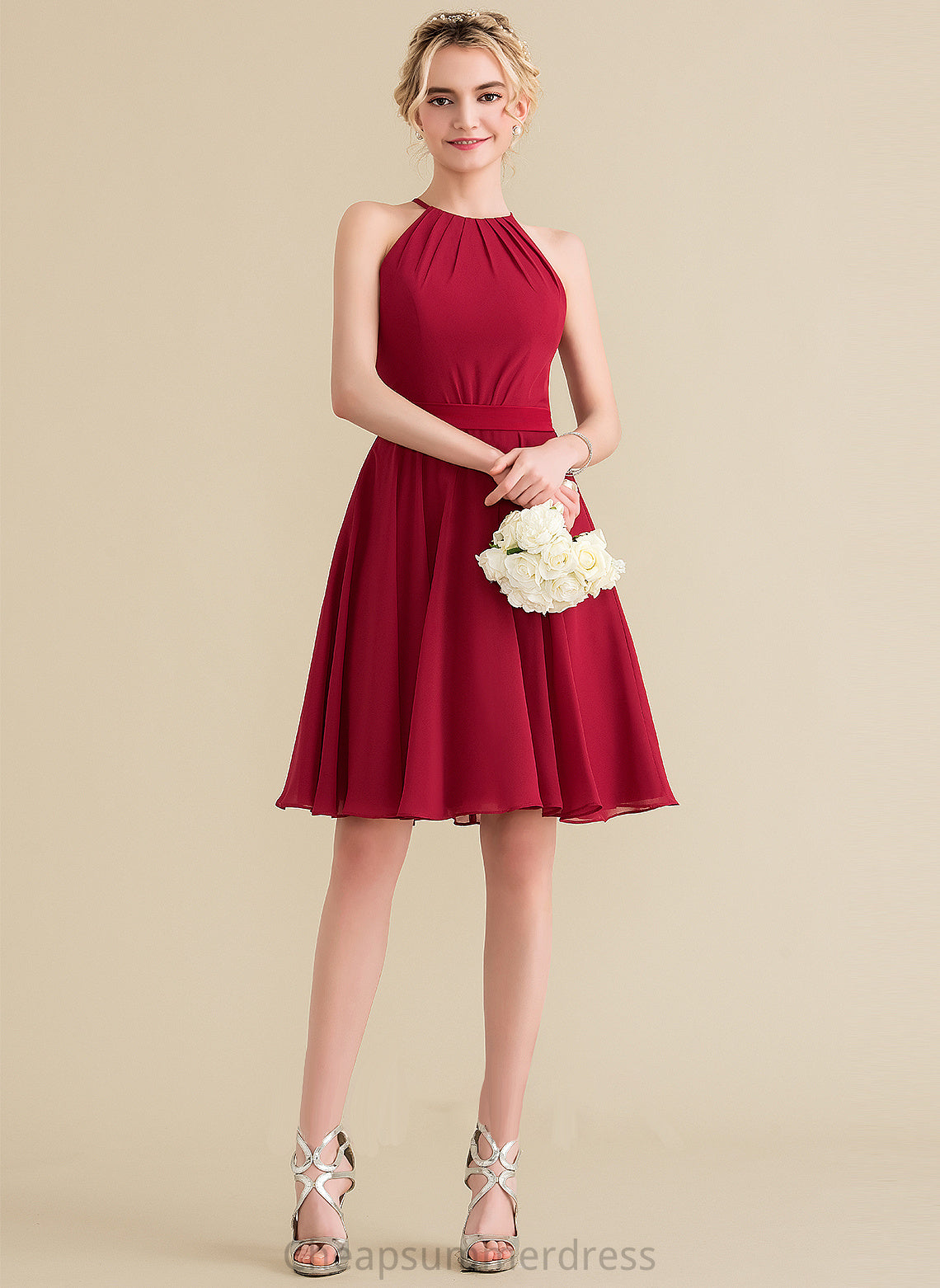 Knee-Length Length Fabric Silhouette Embellishment Neckline Bow(s) ScoopNeck A-Line Ruffle Audrina Sleeveless