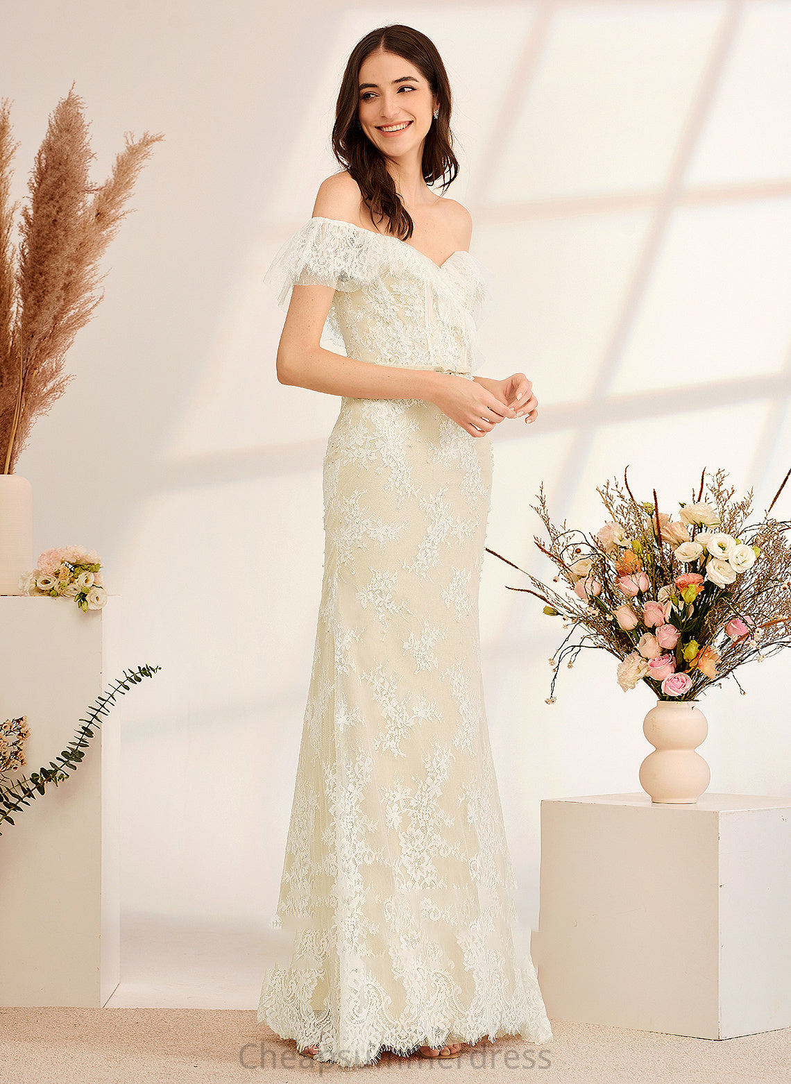 Wedding Dresses Off-the-Shoulder Dress With Trumpet/Mermaid Floor-Length Yadira Sequins Wedding Beading