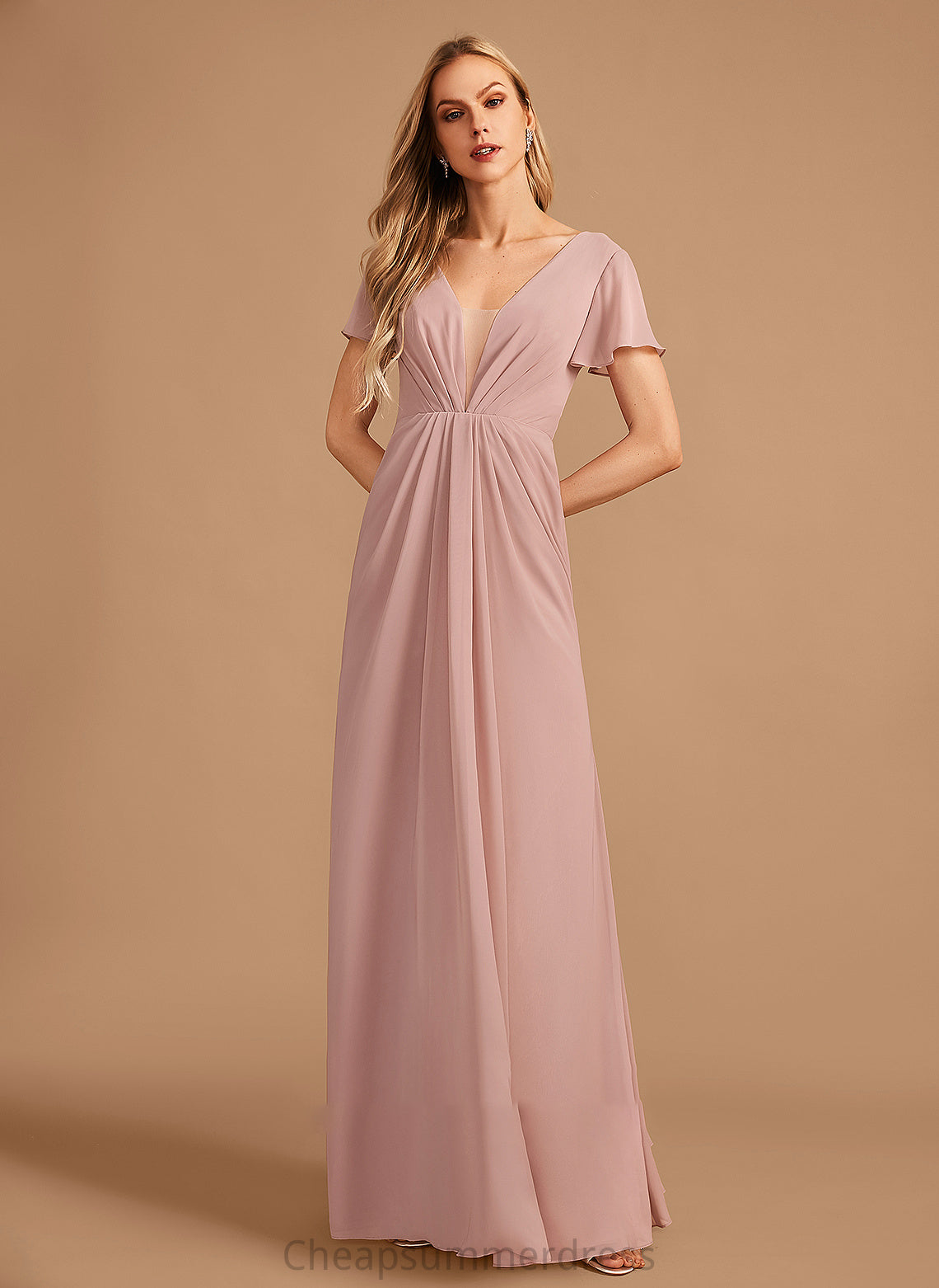 Ruffle Fabric A-Line Floor-Length V-neck Embellishment Silhouette Neckline Length Alannah Sleeveless Floor Length