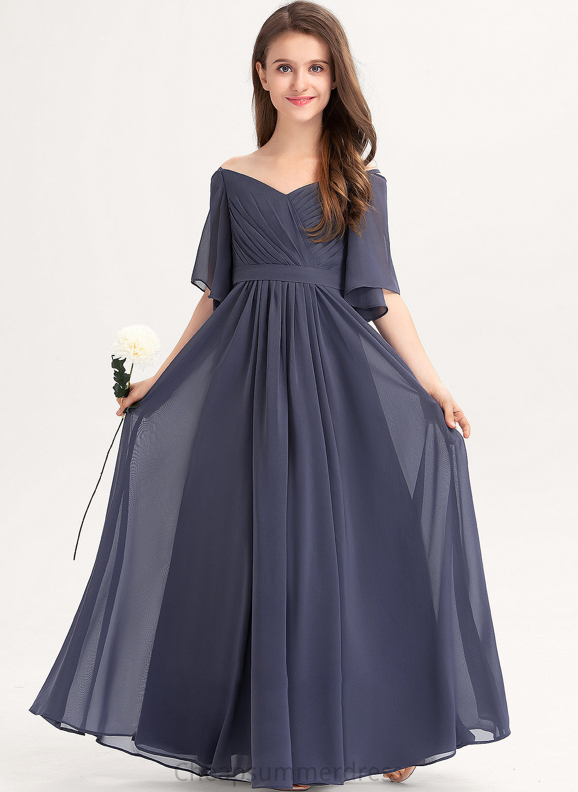 Floor-Length Bow(s) Vanessa Chiffon Ruffle Junior Bridesmaid Dresses A-Line With Off-the-Shoulder