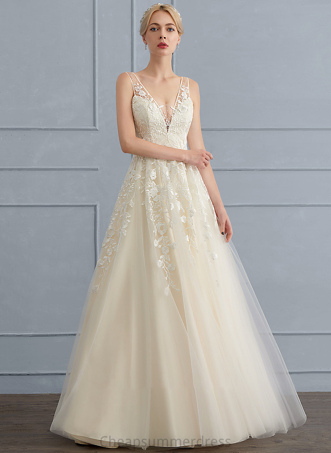 Wedding V-neck Beading A-Line Wedding Dresses Sequins Dress Floor-Length With Sylvia Tulle