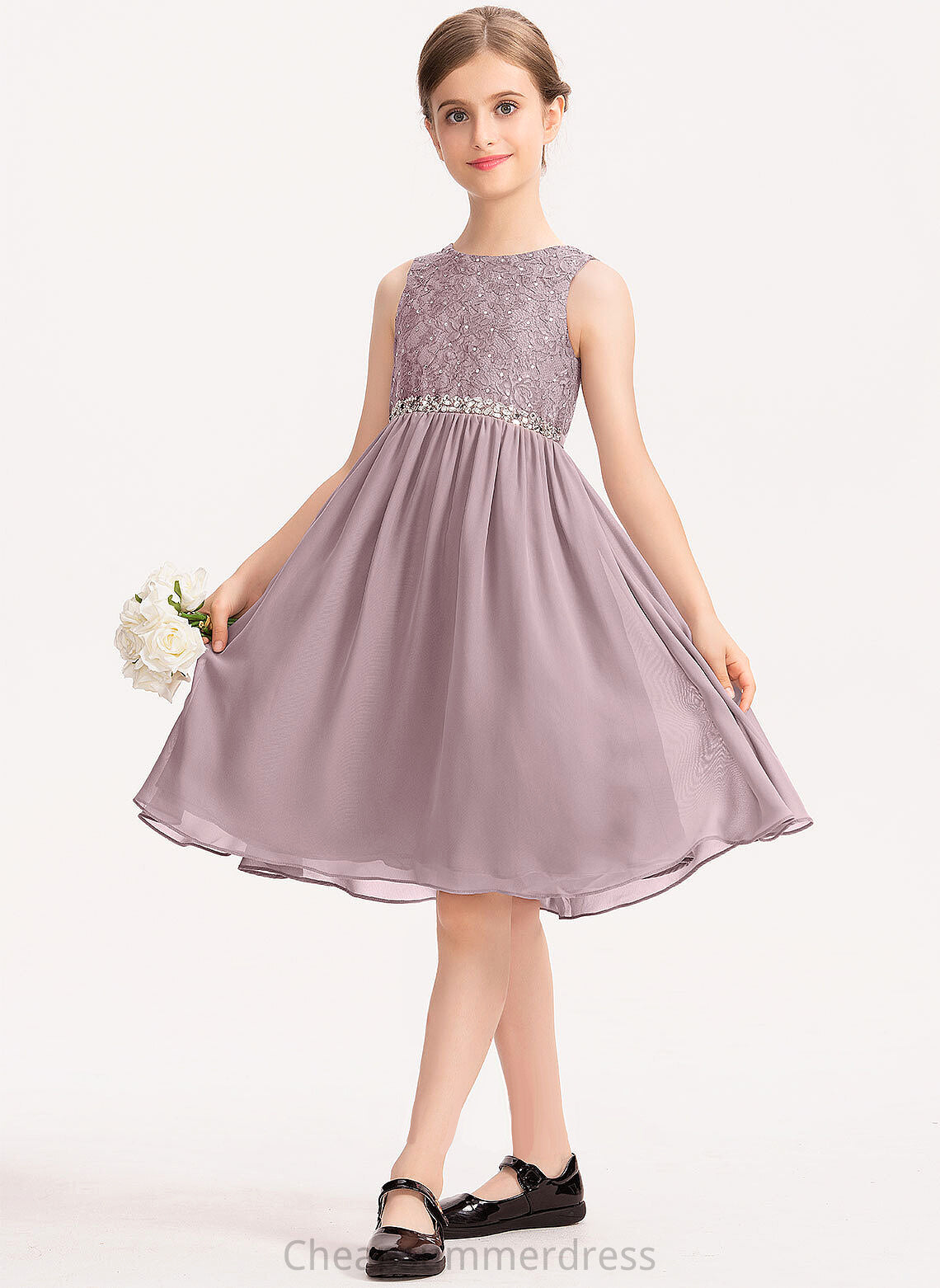 A-Line Scoop Neck With Amanda Knee-Length Lace Junior Bridesmaid Dresses Bow(s) Chiffon Beading