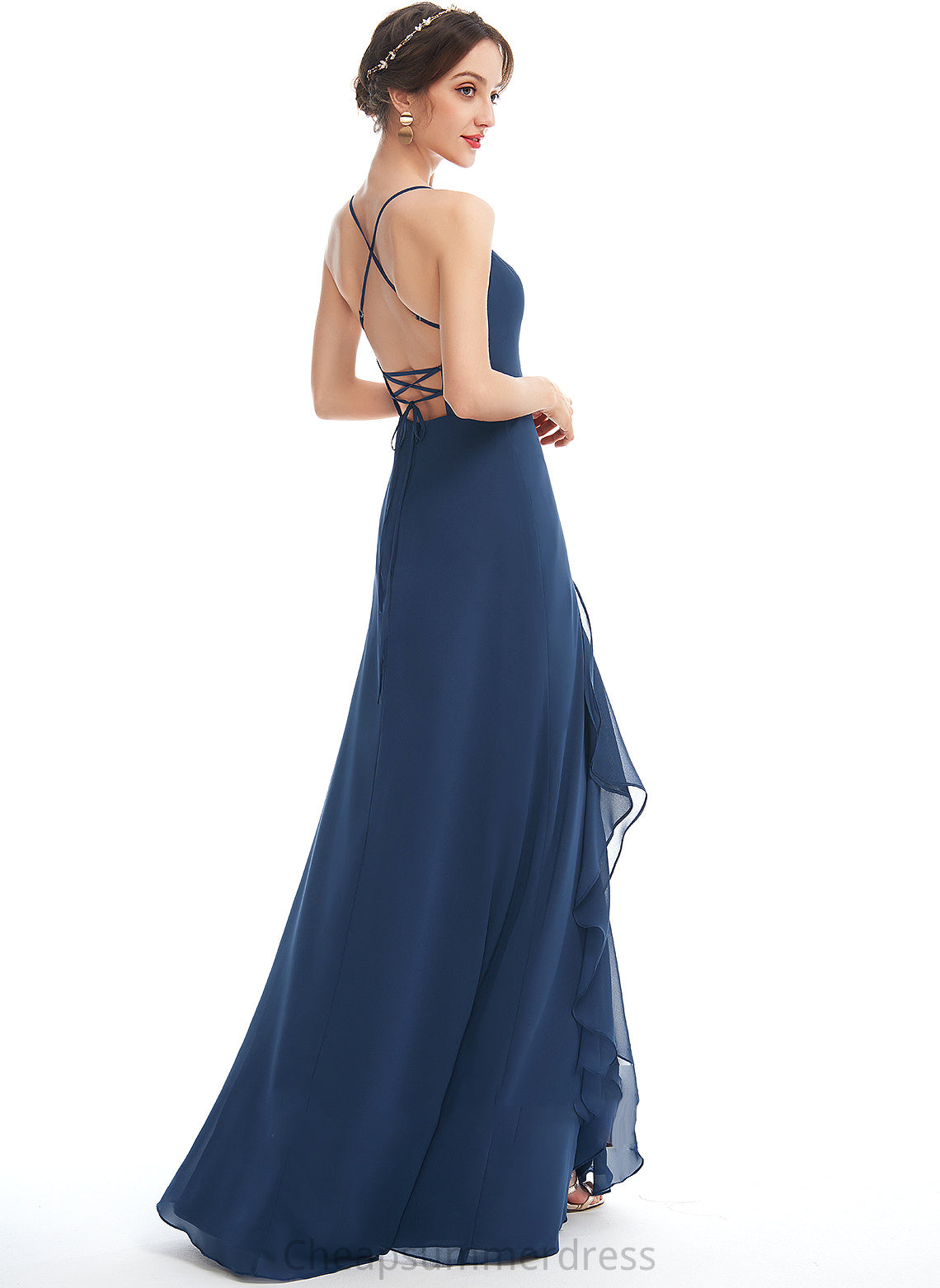 Ruffle Floor-Length Embellishment A-Line Fabric Silhouette Neckline SplitFront Length V-neck Paityn Empire Waist