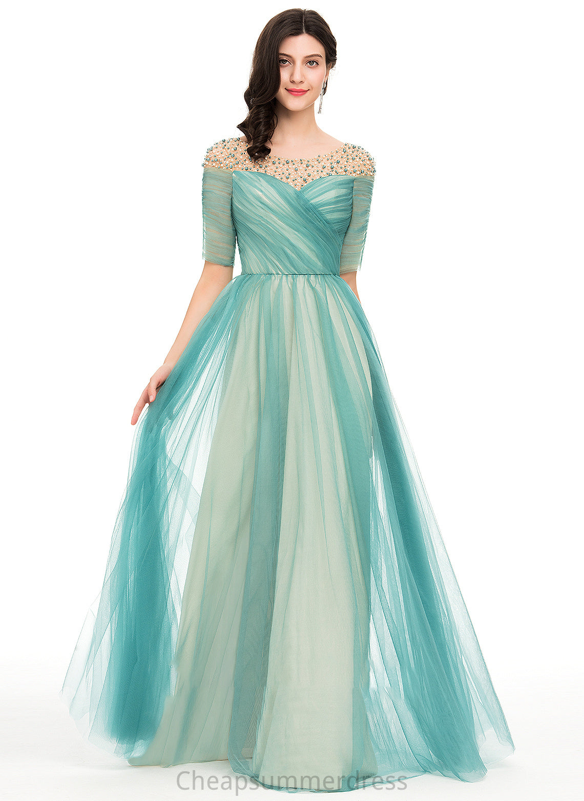 Neck Beading Floor-Length Tulle Ball-Gown/Princess Prom Dresses Krystal Scoop With