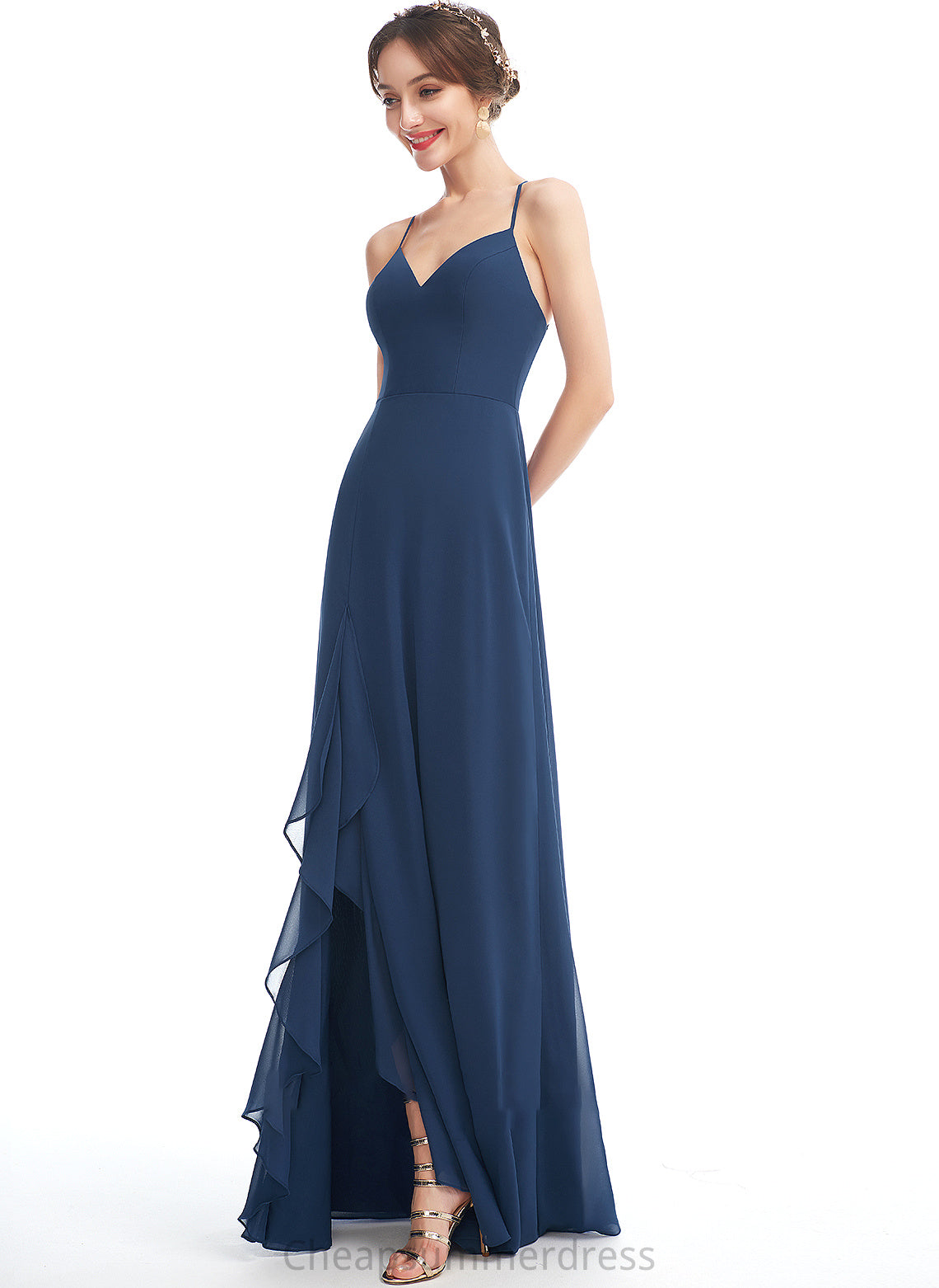 Ruffle Floor-Length Embellishment A-Line Fabric Silhouette Neckline SplitFront Length V-neck Paityn Empire Waist