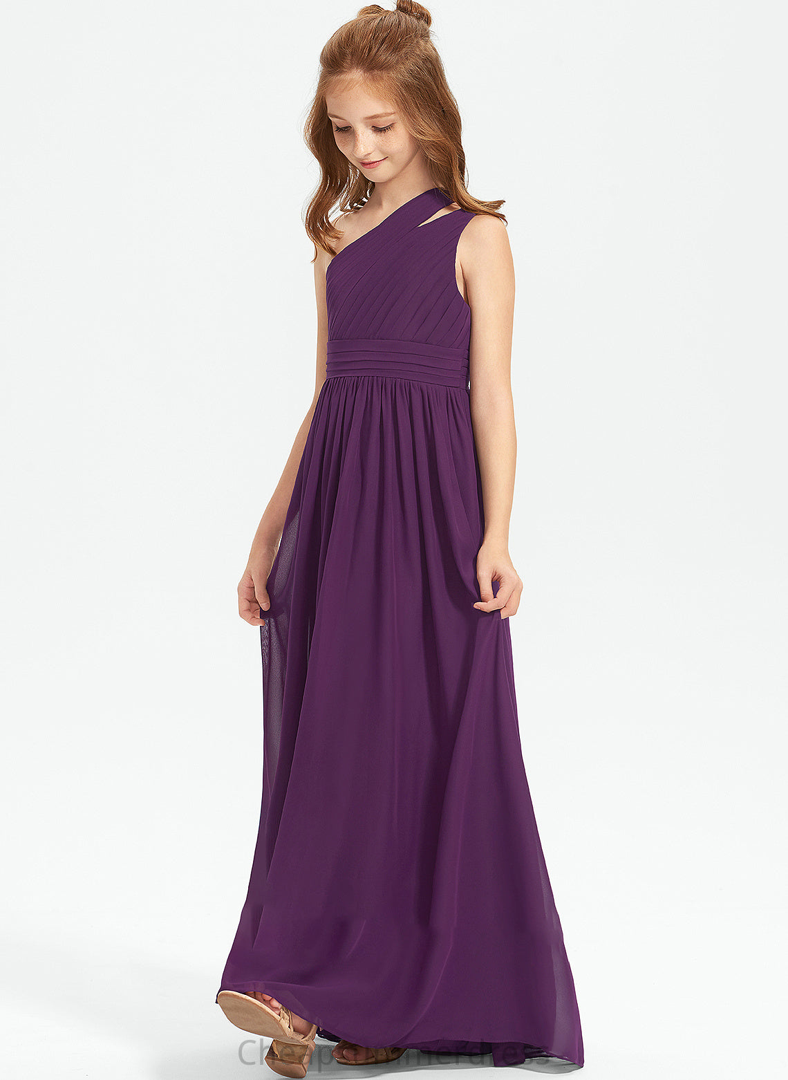 One-Shoulder A-Line Abbie With Floor-Length Ruffle Junior Bridesmaid Dresses Chiffon