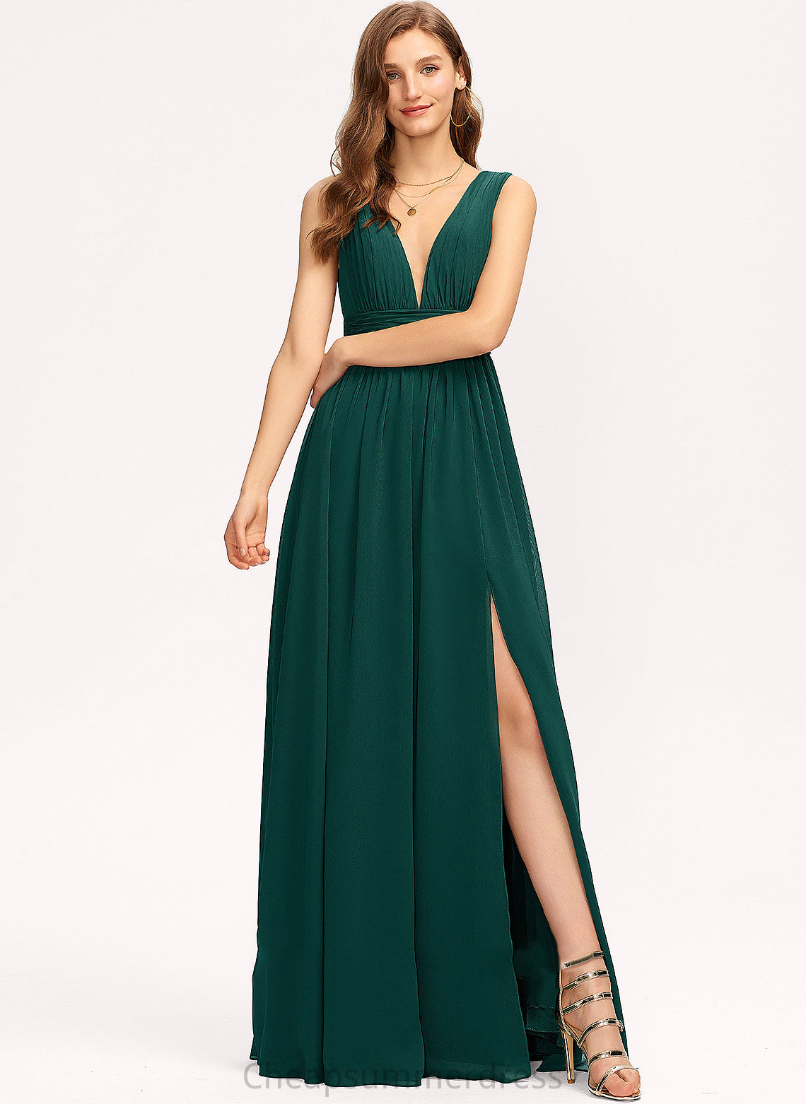 Front Split Chiffon With A-Line Aracely Floor-Length Prom Dresses V-neck