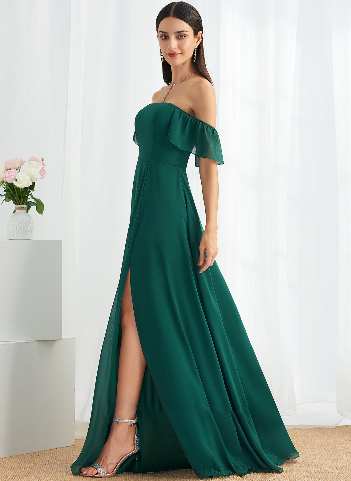 Fabric Embellishment Floor-Length Off-the-Shoulder A-Line Length Silhouette SplitFront Neckline Emilie Tulle Floor Length