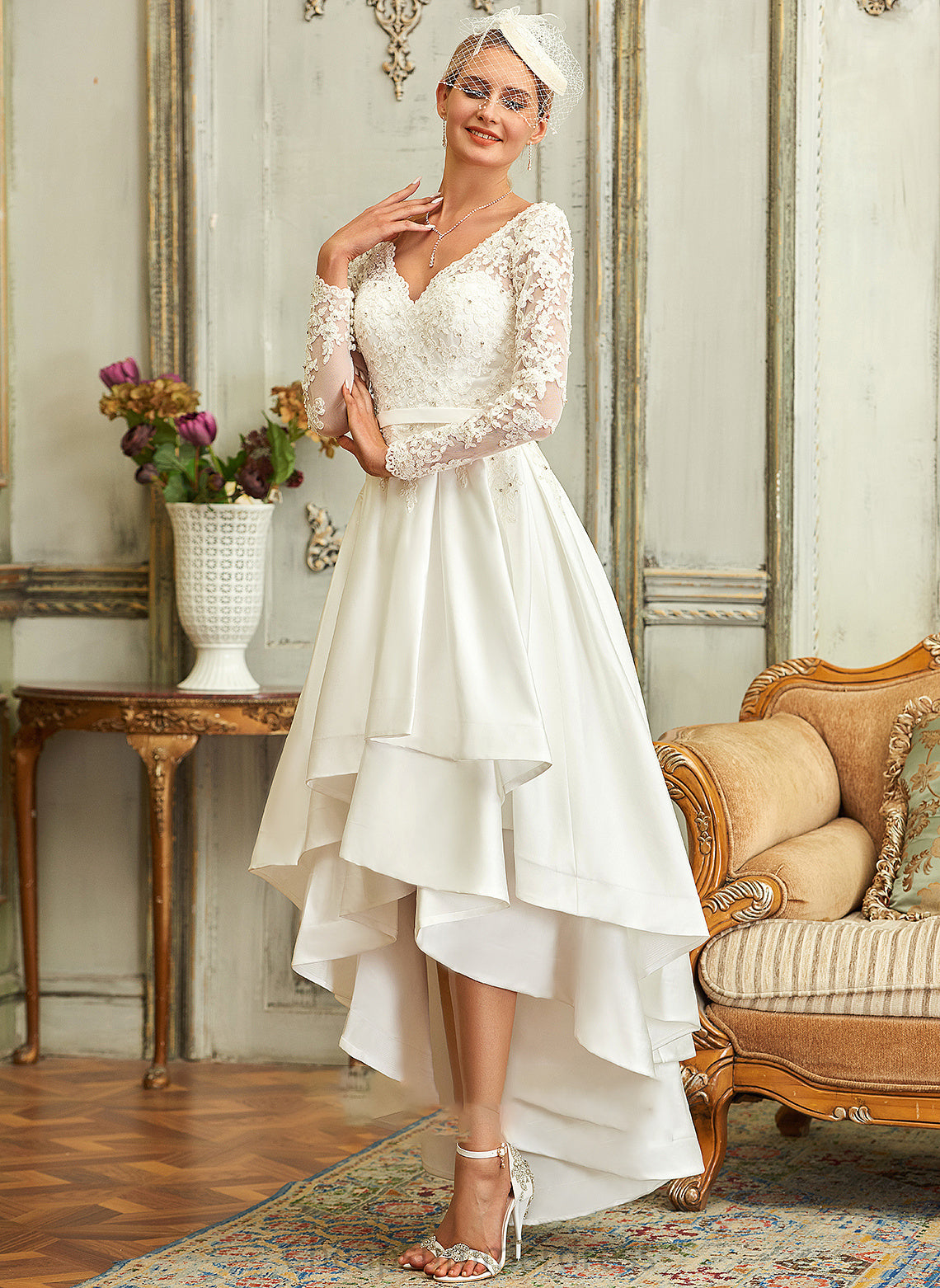 Asymmetrical Lace Dress V-neck Satin A-Line Wedding Ella Wedding Dresses