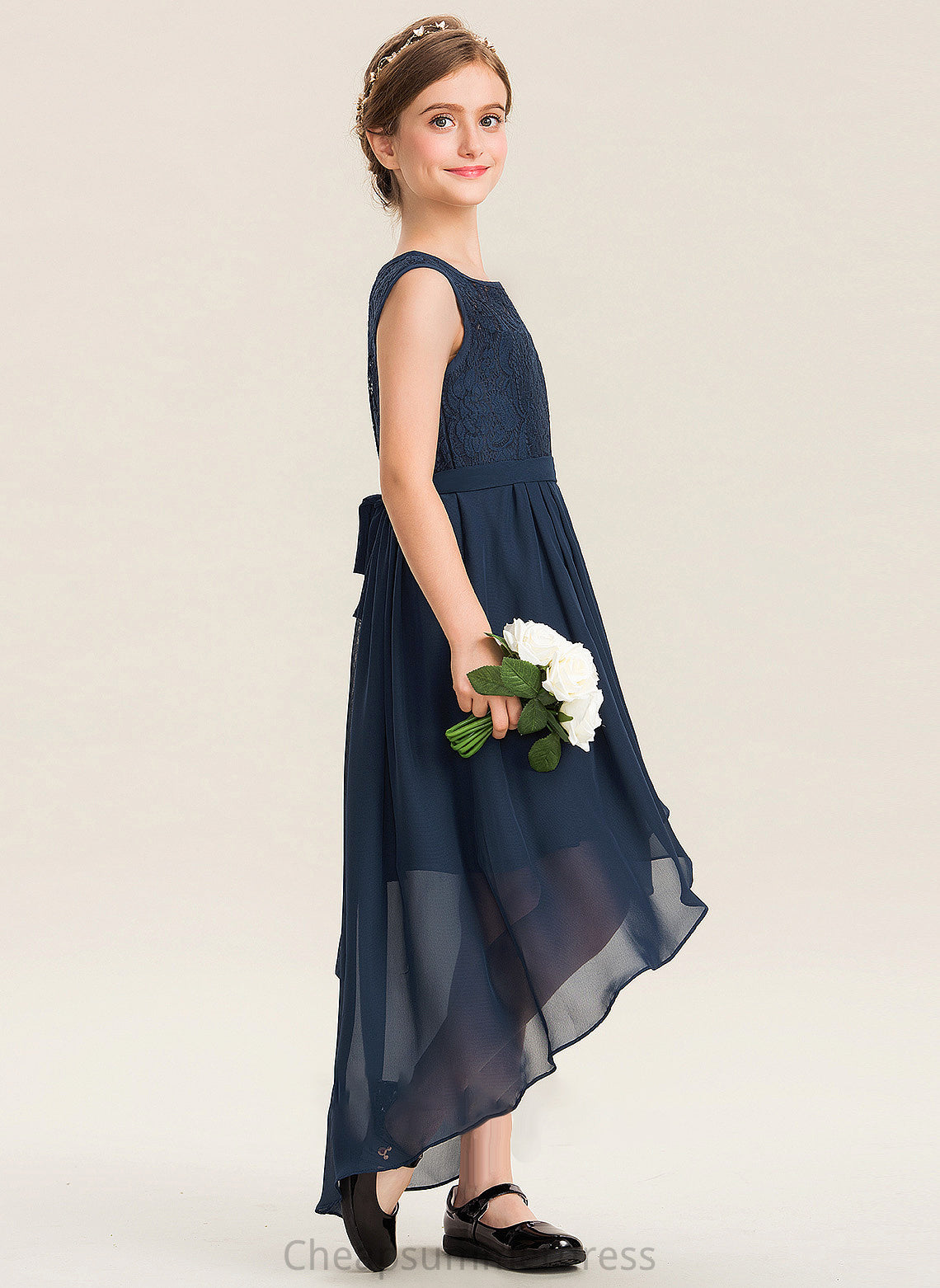 Junior Bridesmaid Dresses Bow(s) Chiffon Ruffles With Jaylynn Cascading Asymmetrical Neck Scoop Lace A-Line