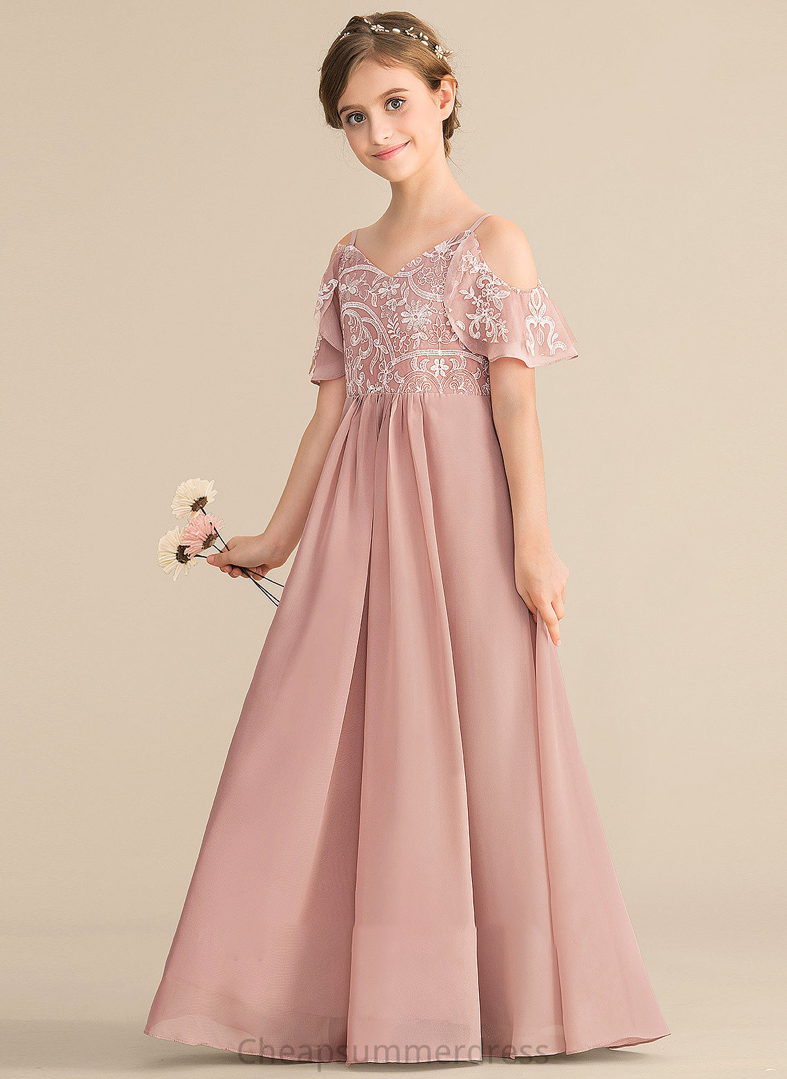 Chiffon Finley Floor-Length V-neck A-Line Junior Bridesmaid Dresses Lace