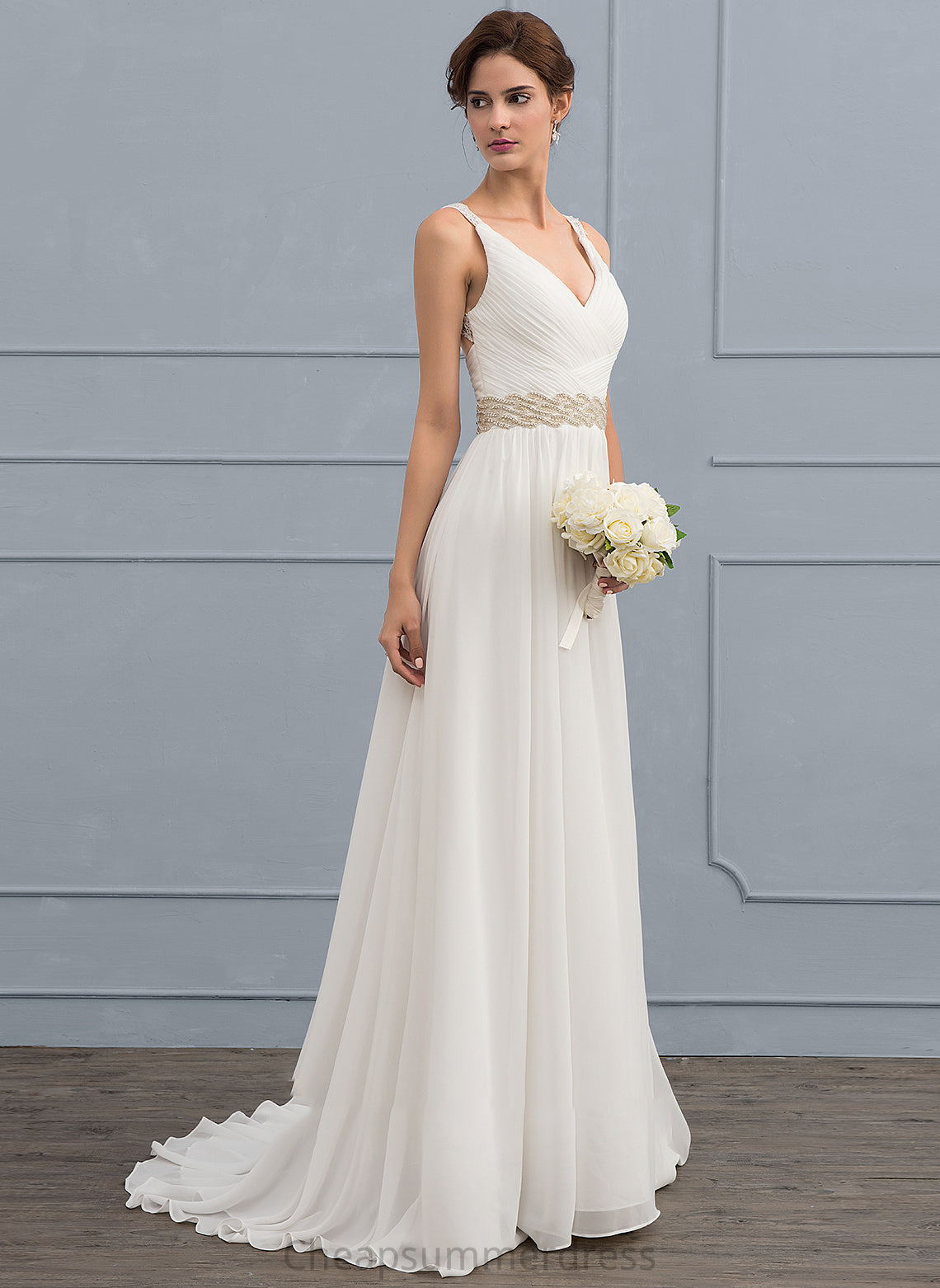 Dress Chiffon Meadow V-neck Sweep Ruffle Sequins Beading Wedding Dresses Wedding Train Lace With A-Line