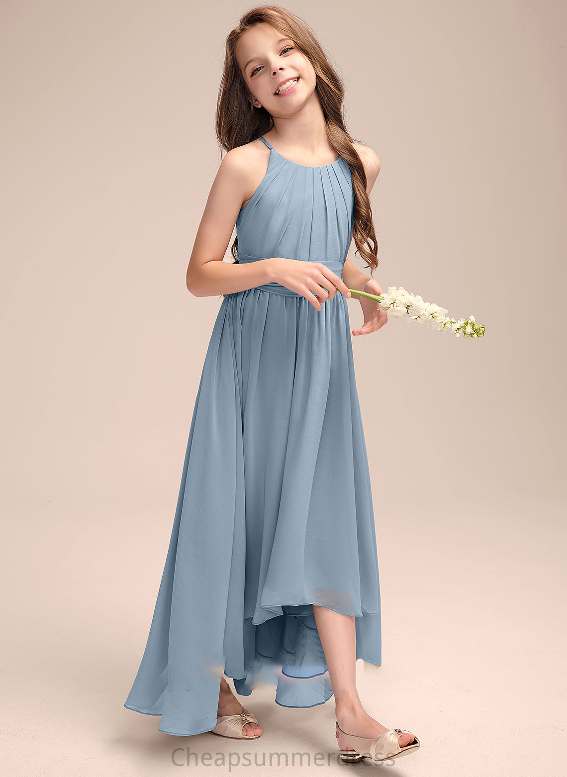 A-Line Scoop Dakota With Neck Chiffon Ruffle Bow(s) Junior Bridesmaid Dresses Asymmetrical