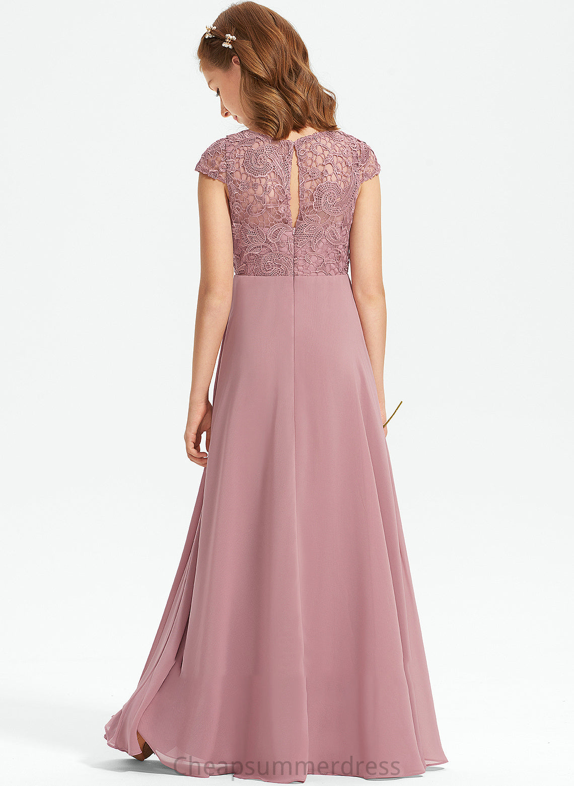 Junior Bridesmaid Dresses A-Line Chiffon Floor-Length Lace Neck Sandy Scoop