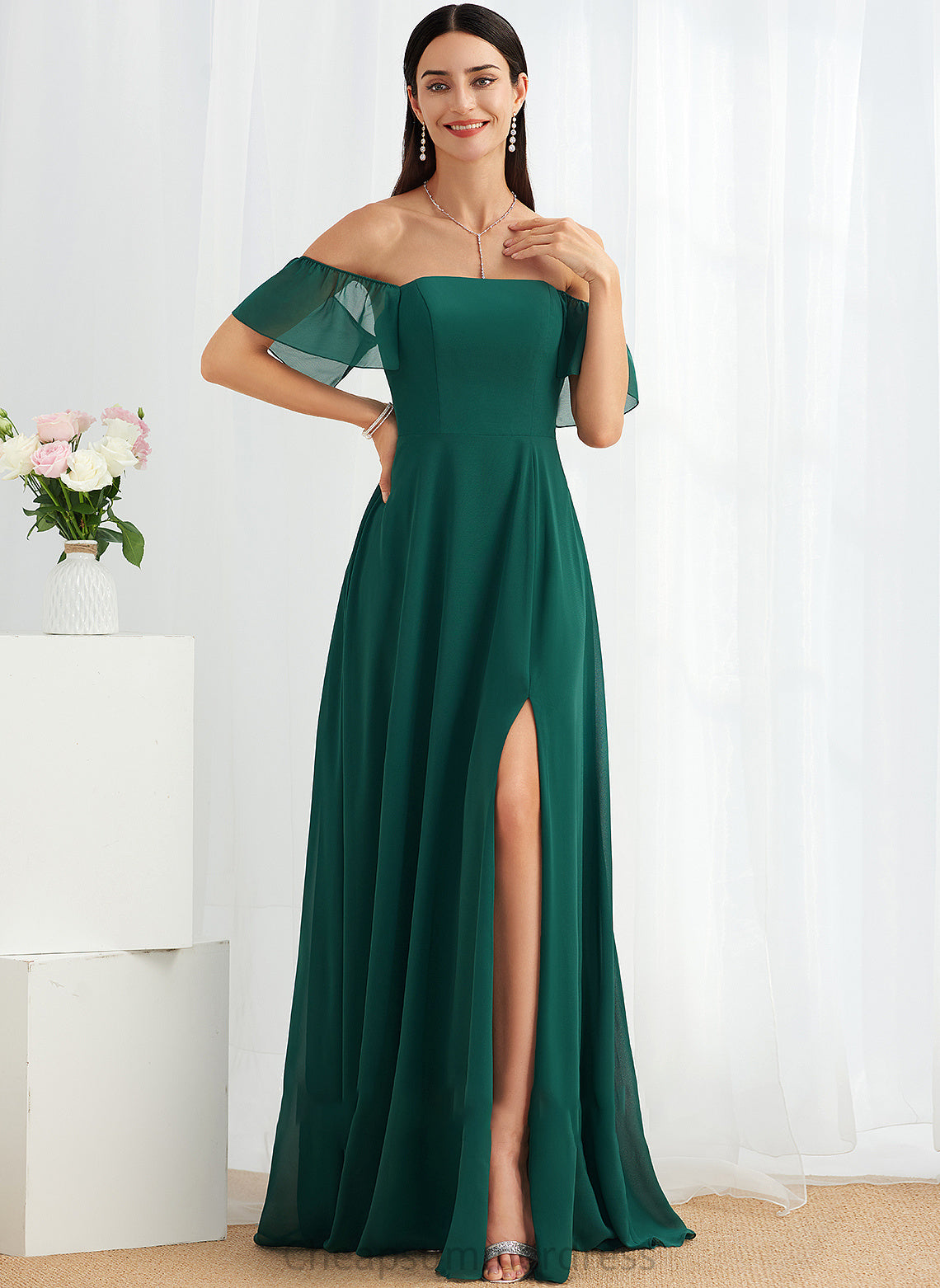 Fabric Embellishment Floor-Length Off-the-Shoulder A-Line Length Silhouette SplitFront Neckline Emilie Tulle Floor Length