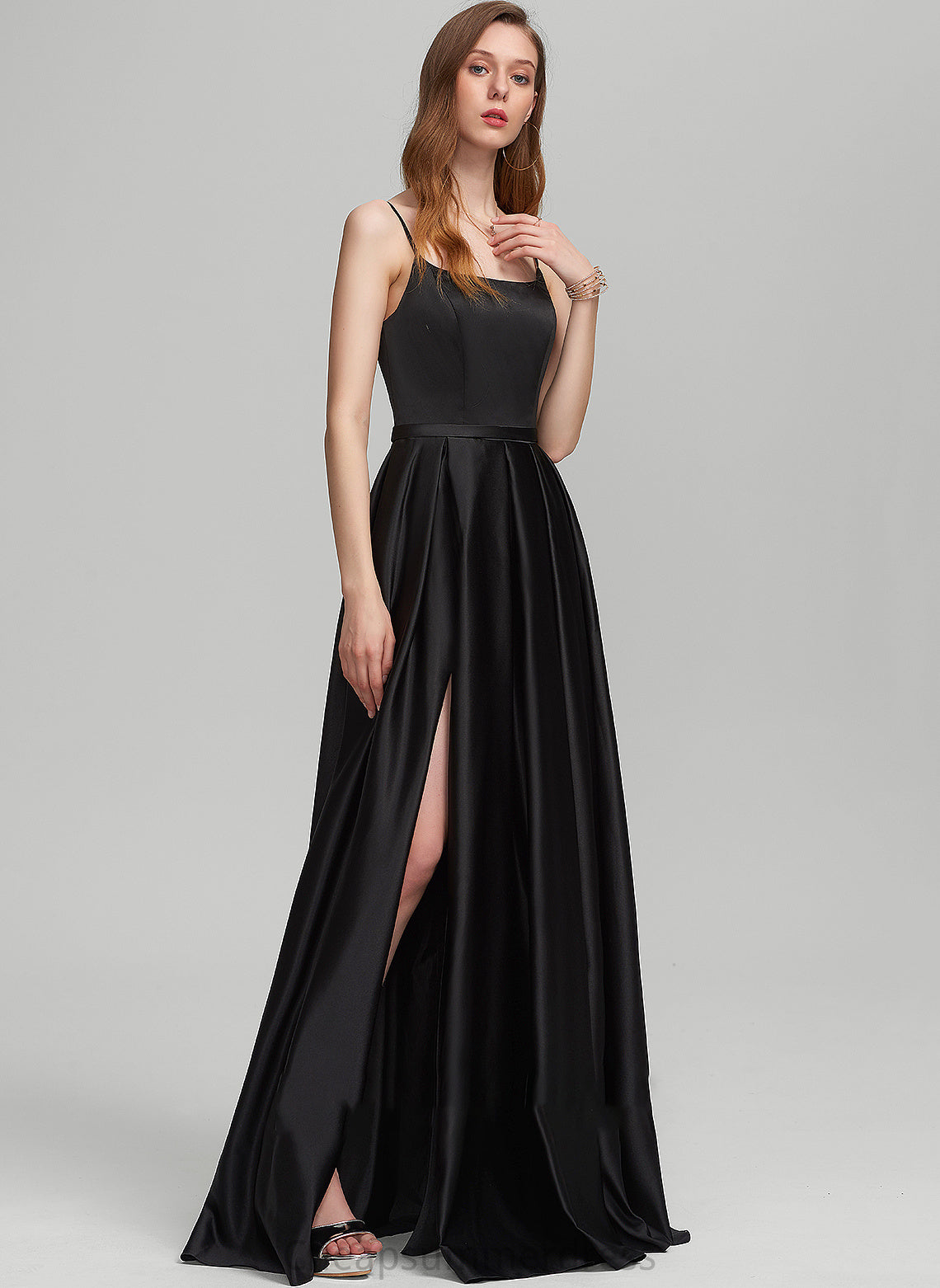 Neckline Fabric Floor-Length Length Embellishment SplitFront Pockets A-Line Silhouette SquareNeckline Iris Natural Waist