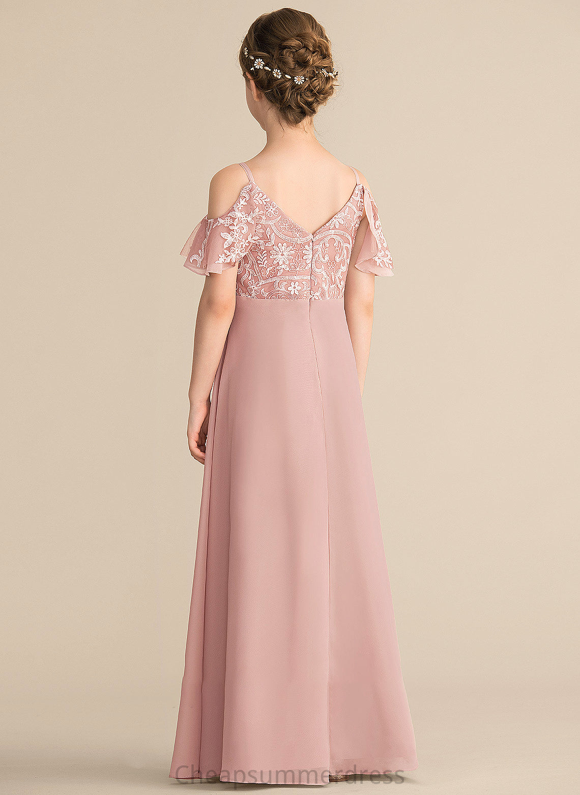 Chiffon Finley Floor-Length V-neck A-Line Junior Bridesmaid Dresses Lace