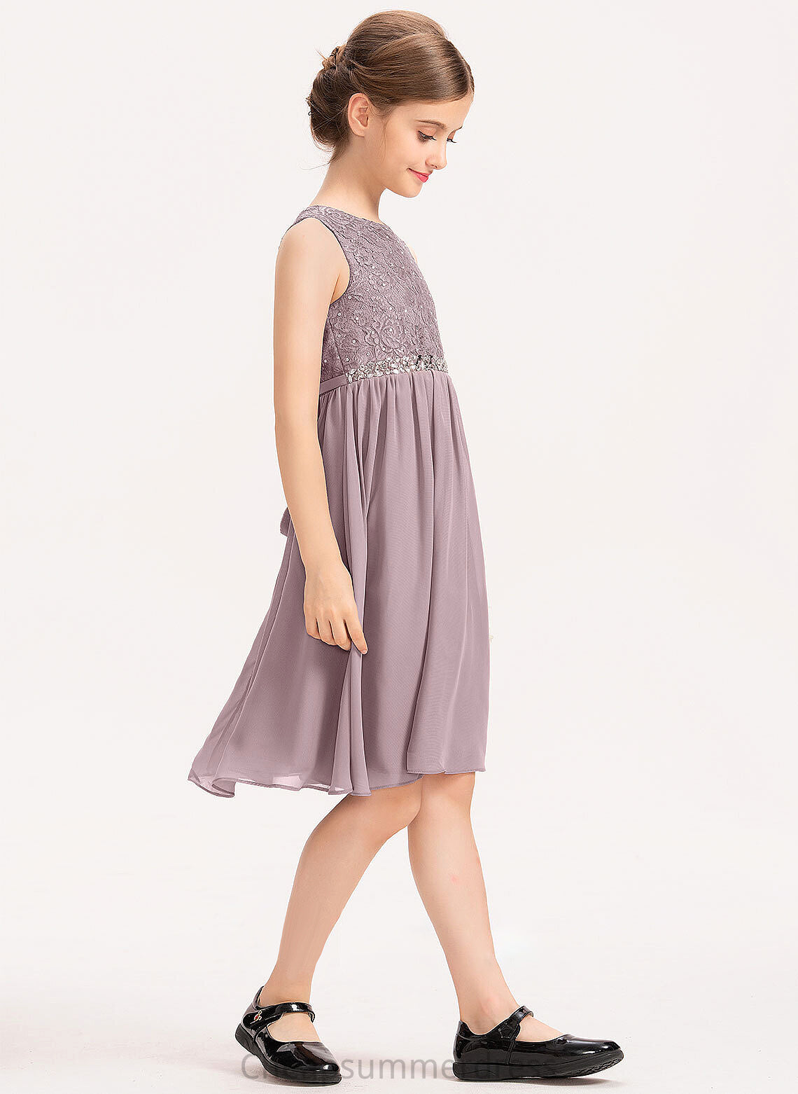 A-Line Scoop Neck With Amanda Knee-Length Lace Junior Bridesmaid Dresses Bow(s) Chiffon Beading