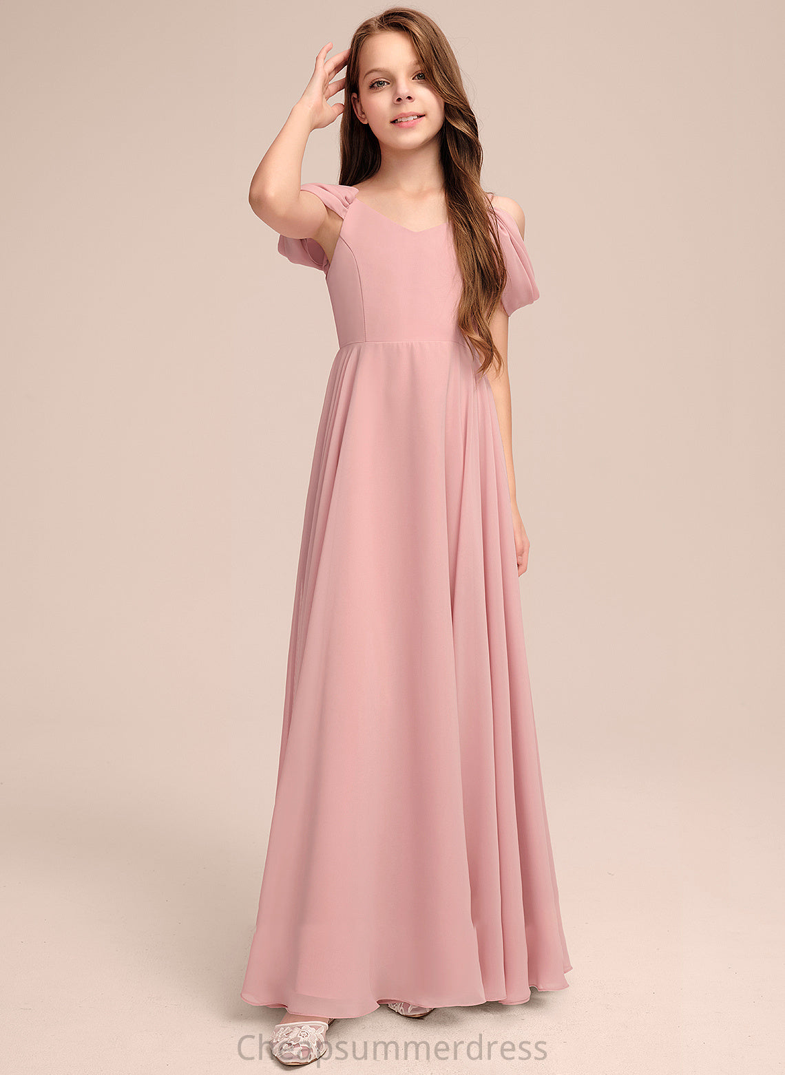 V-neck Ruffle Junior Bridesmaid Dresses Carla With Floor-Length A-Line Chiffon