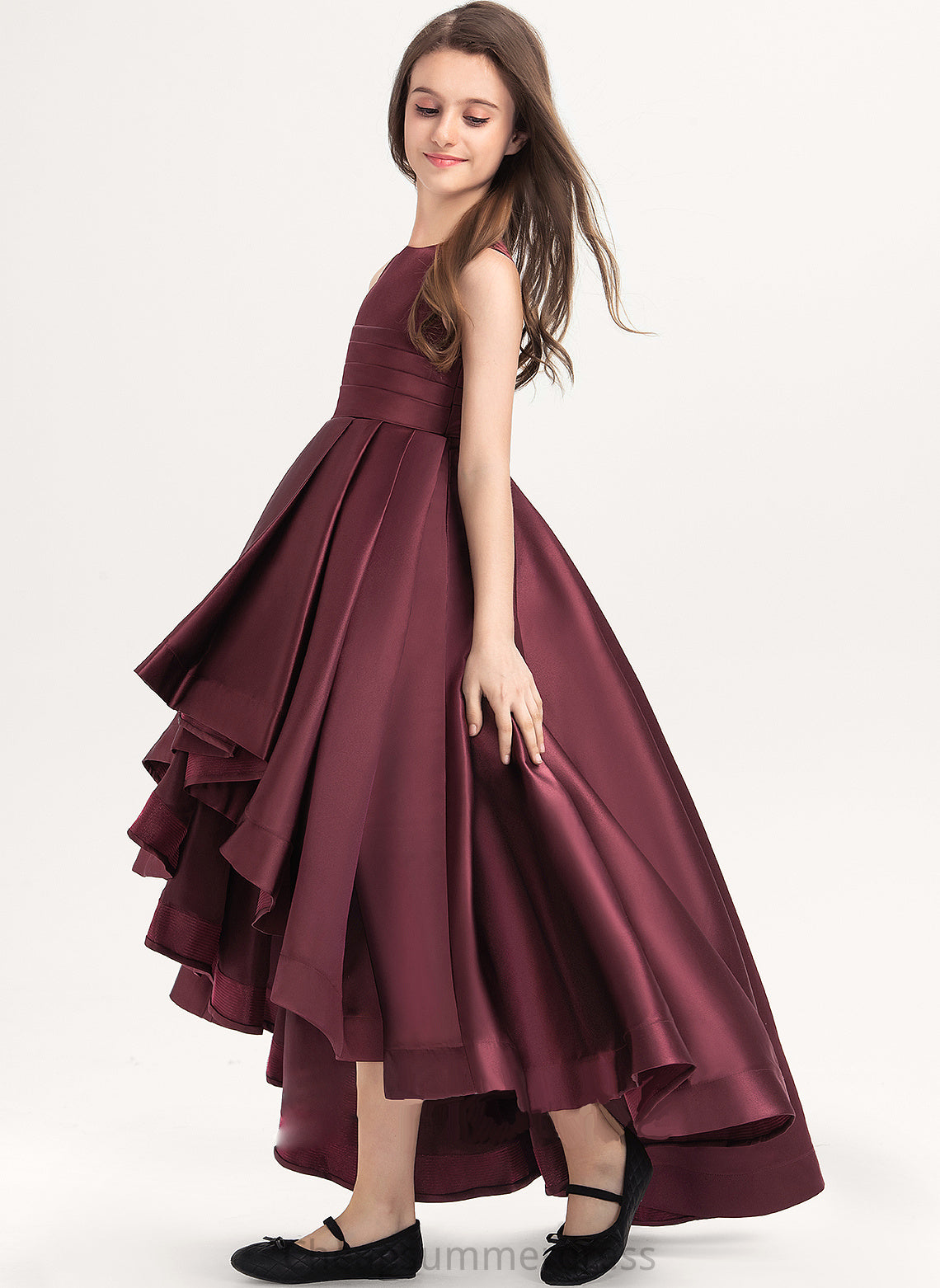 With Scoop Junior Bridesmaid Dresses Ruffle Satin Asymmetrical Neck A-Line Elizabeth