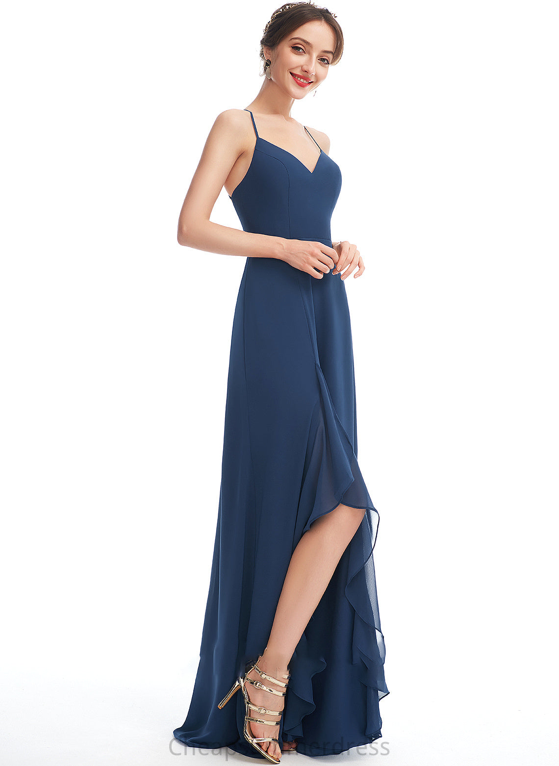 Ruffle Floor-Length Embellishment A-Line Fabric Silhouette Neckline SplitFront Length V-neck Paityn Empire Waist