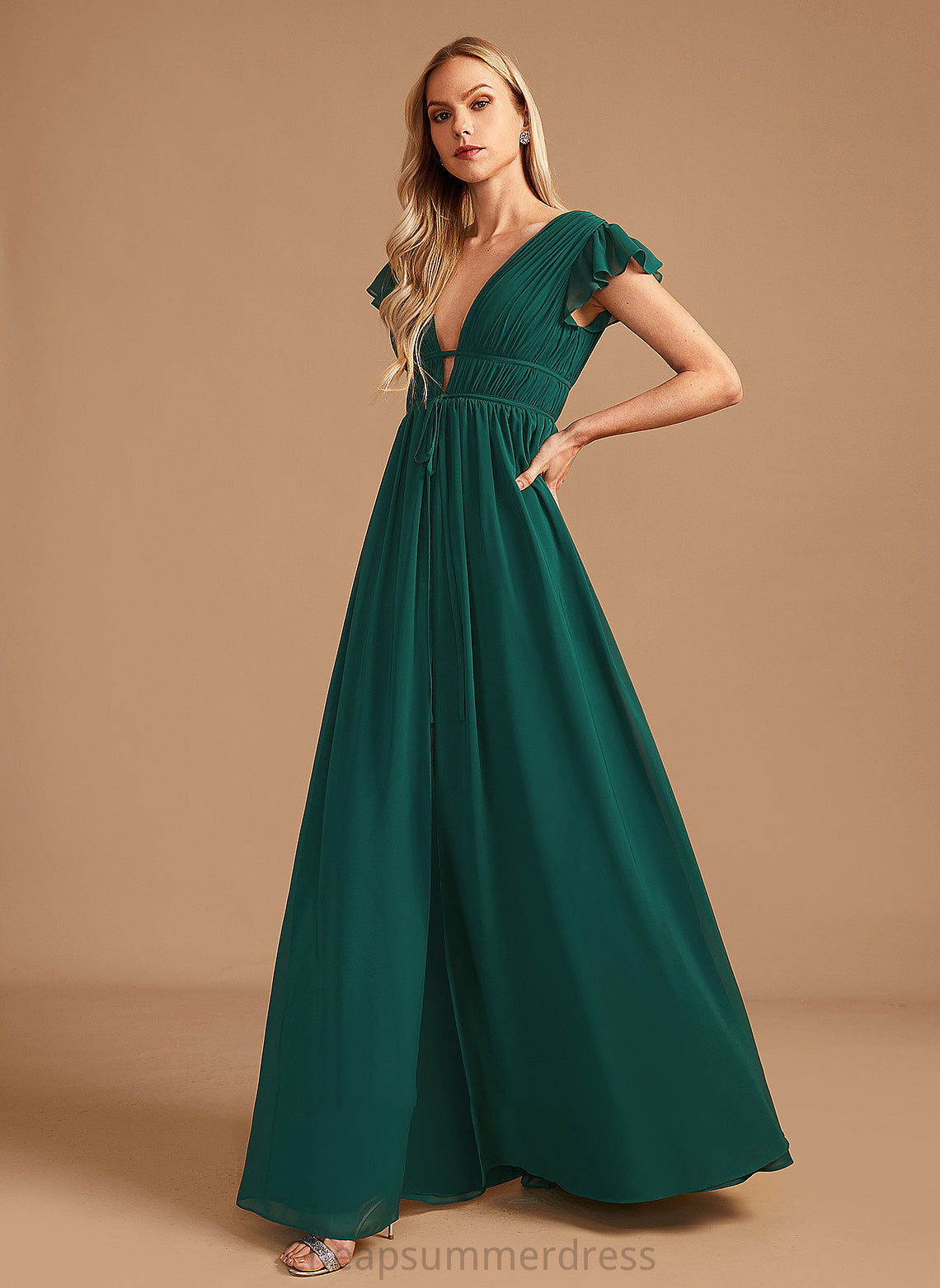 Silhouette Floor-Length Neckline SplitFront Fabric Length A-Line V-neck Embellishment Kylee A-Line/Princess Spaghetti Staps