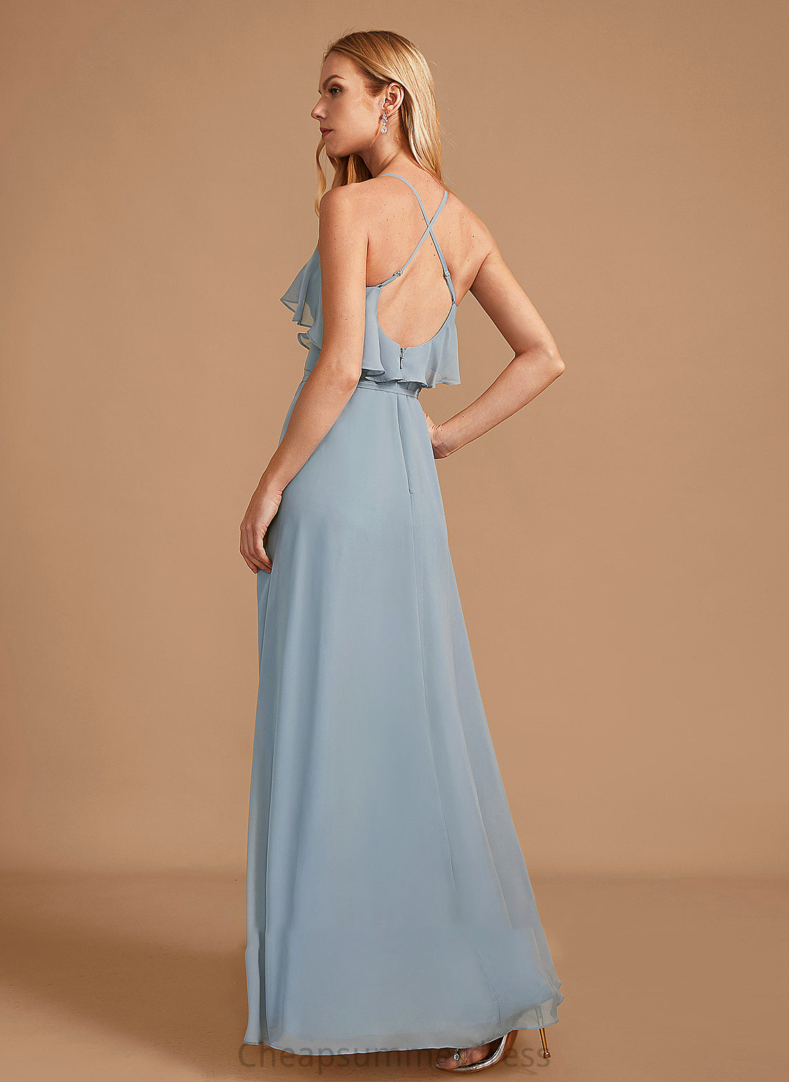 Ruffle Asymmetrical Length Embellishment Fabric Neckline Silhouette A-Line V-neck Amy Floor Length Natural Waist