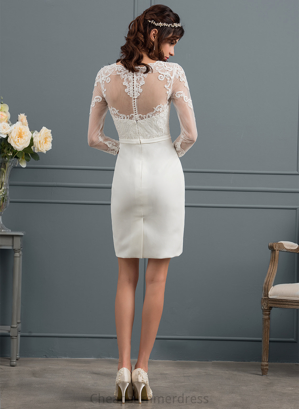 Illusion Sheath/Column Lorelai Wedding Dresses Crepe Dress Wedding With Stretch Knee-Length Sequins Bow(s)