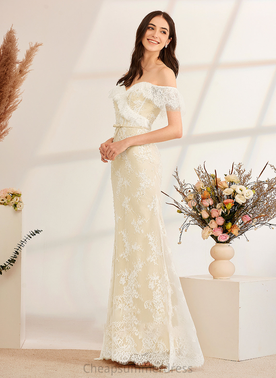 Wedding Dresses Off-the-Shoulder Dress With Trumpet/Mermaid Floor-Length Yadira Sequins Wedding Beading