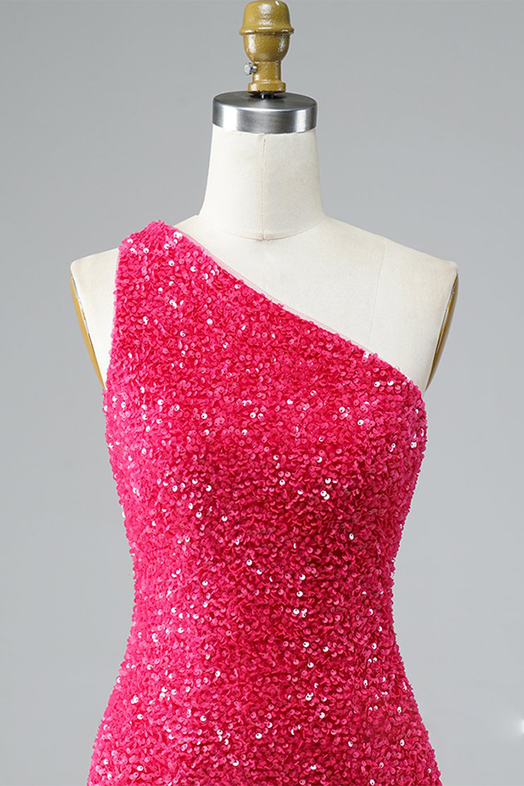 Glitter One-Shoulder Pink Tiara Homecoming Dresses Hot With Sequins