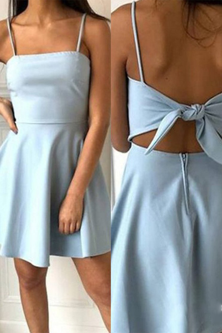 A-Line Spaghetti Straps Satin Destinee Homecoming Dresses Short Blue