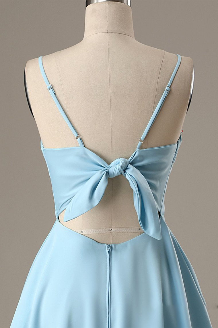 A-Line Spaghetti Straps Satin Destinee Homecoming Dresses Short Blue