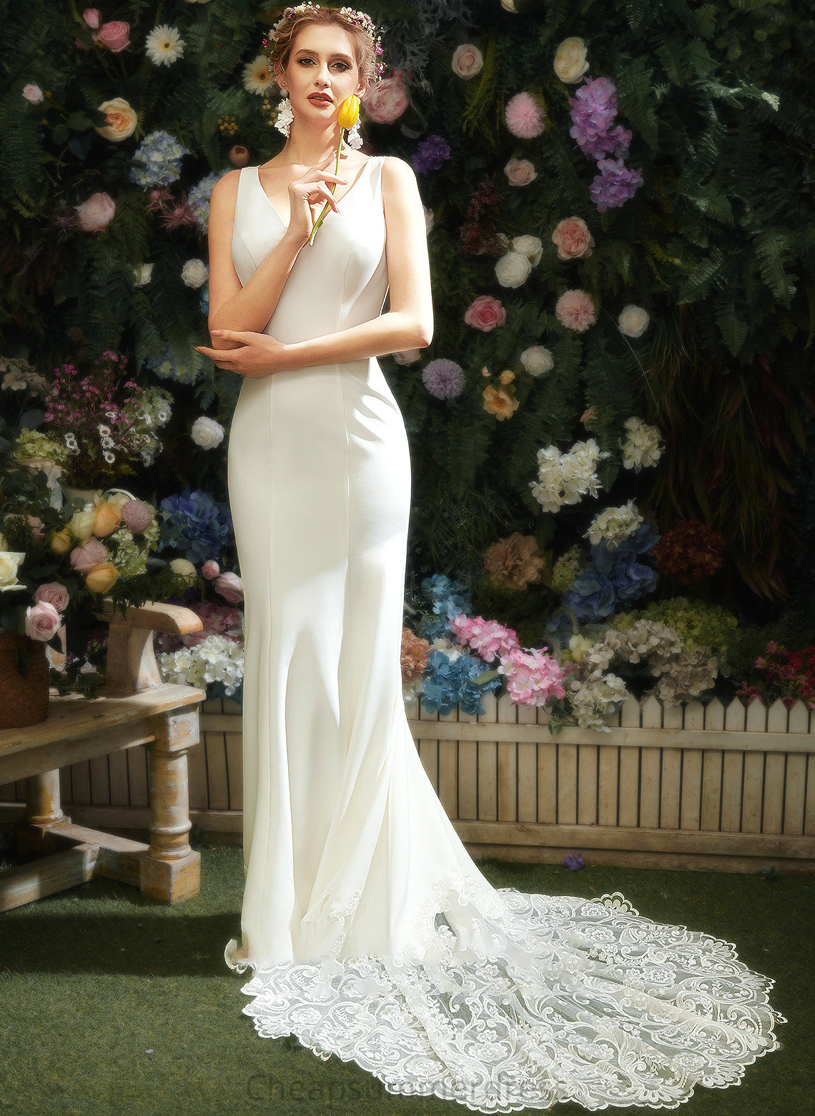 Trumpet/Mermaid Train Wedding Dress Chapel V-neck With Wedding Dresses Lace Jaylene