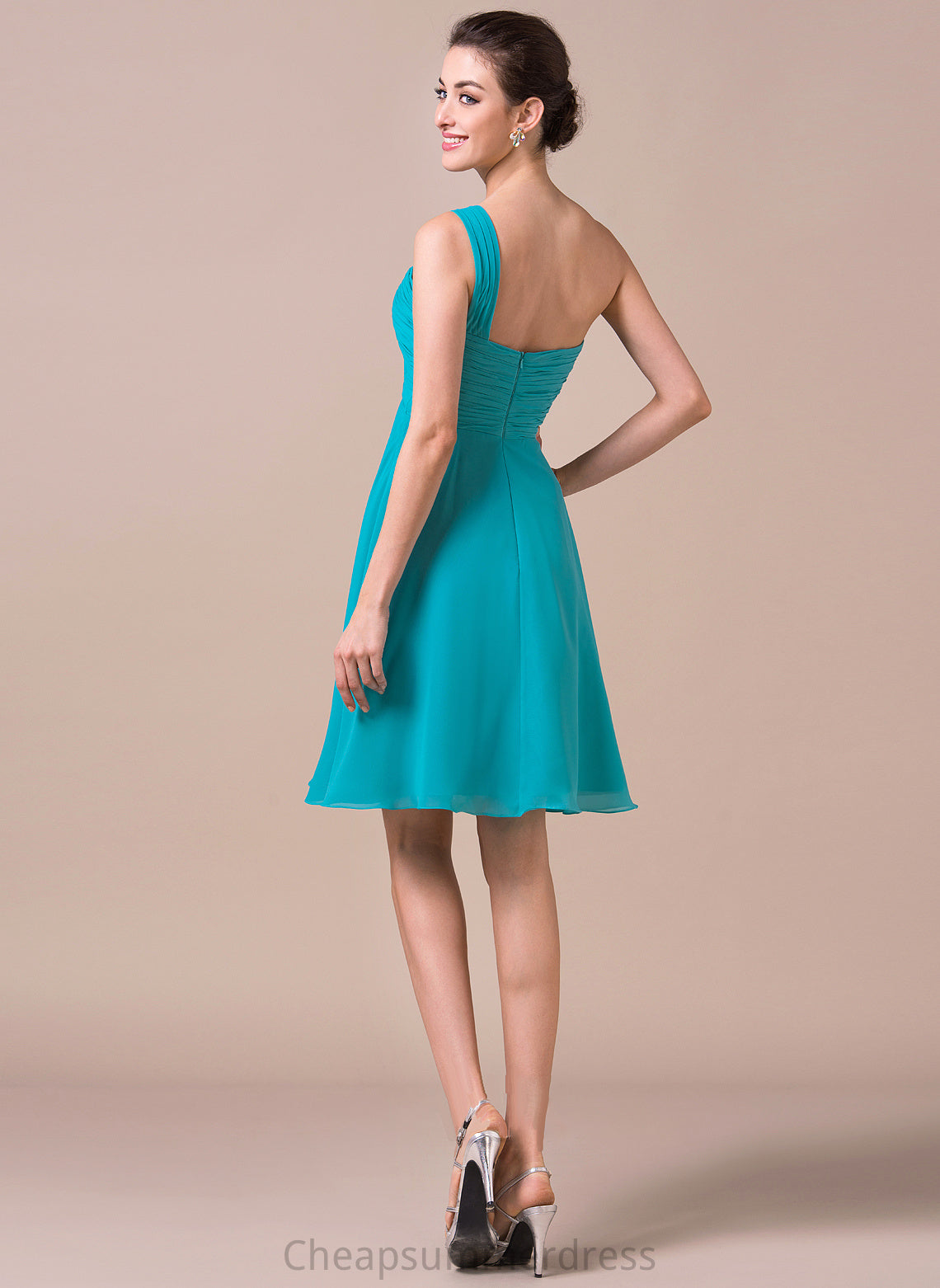 Knee-Length Neckline One-Shoulder Silhouette Fabric Empire Embellishment Length Ruffle Briana A-Line/Princess Natural Waist